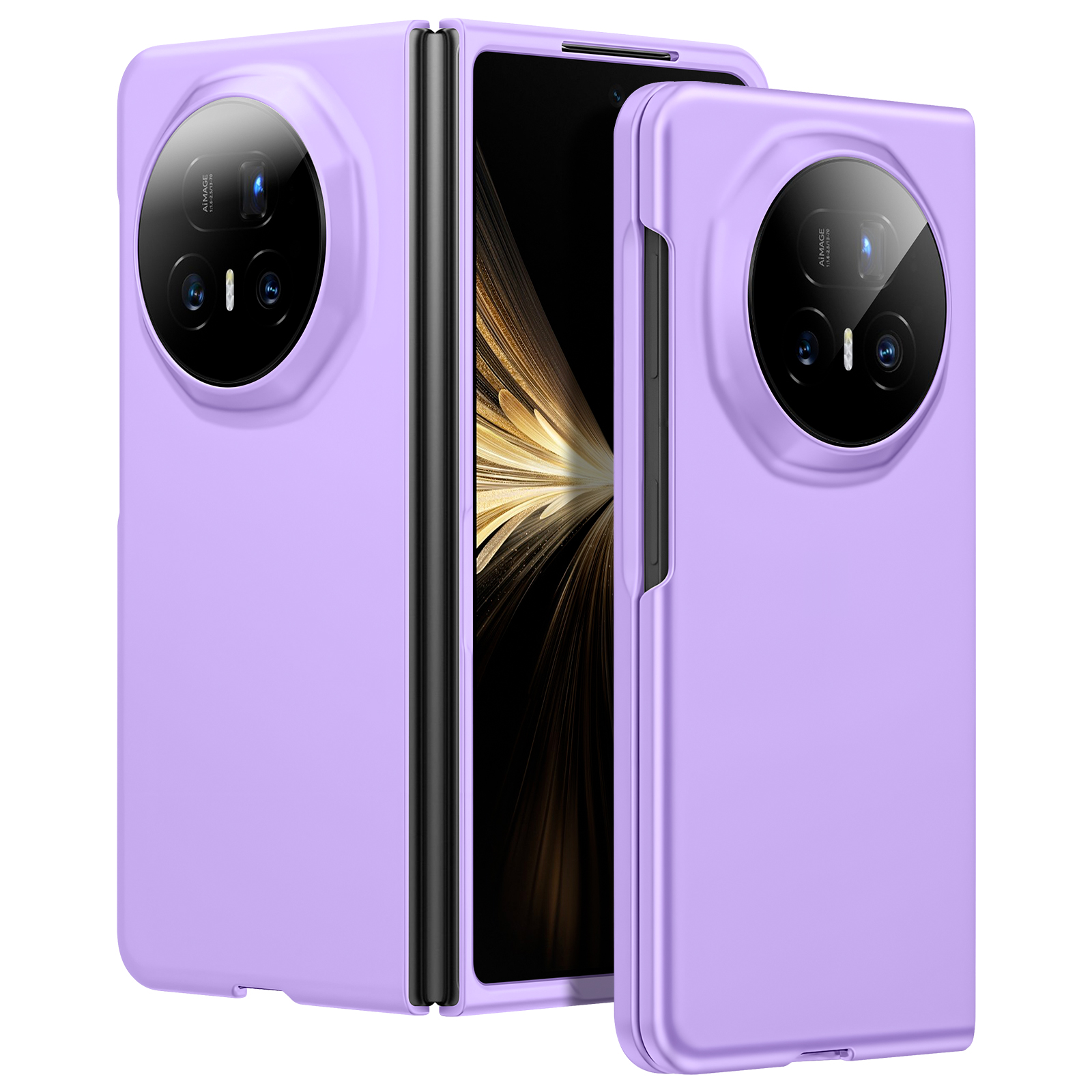 Un téléphone pliable violet clair est présenté, partiellement ouvert. Chaque côté a un grand module caméra. L'écran est noir.