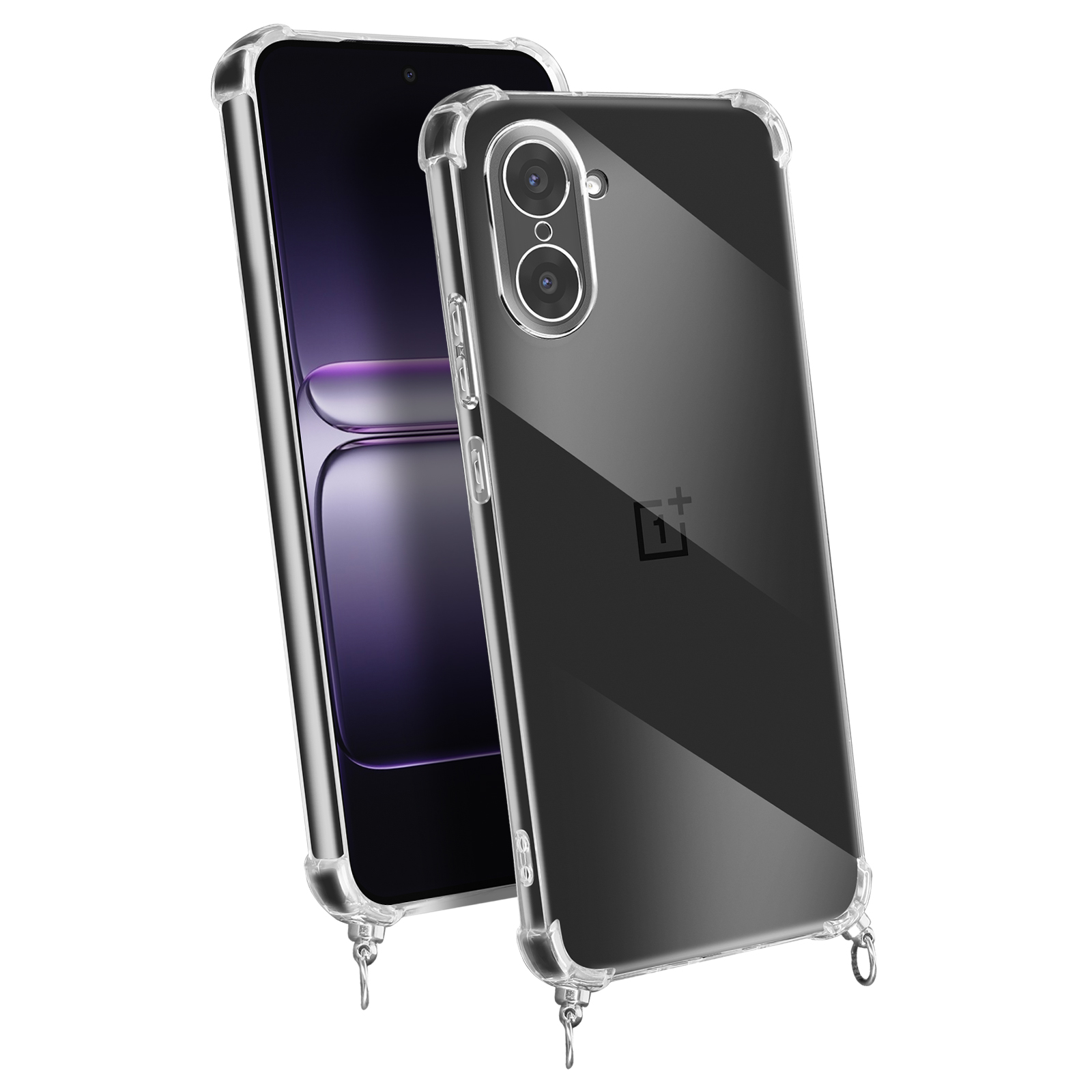 Deux téléphones avec des coques transparentes, l'un devant l'autre. Le logo Oneplus est visible au dos du téléphone.