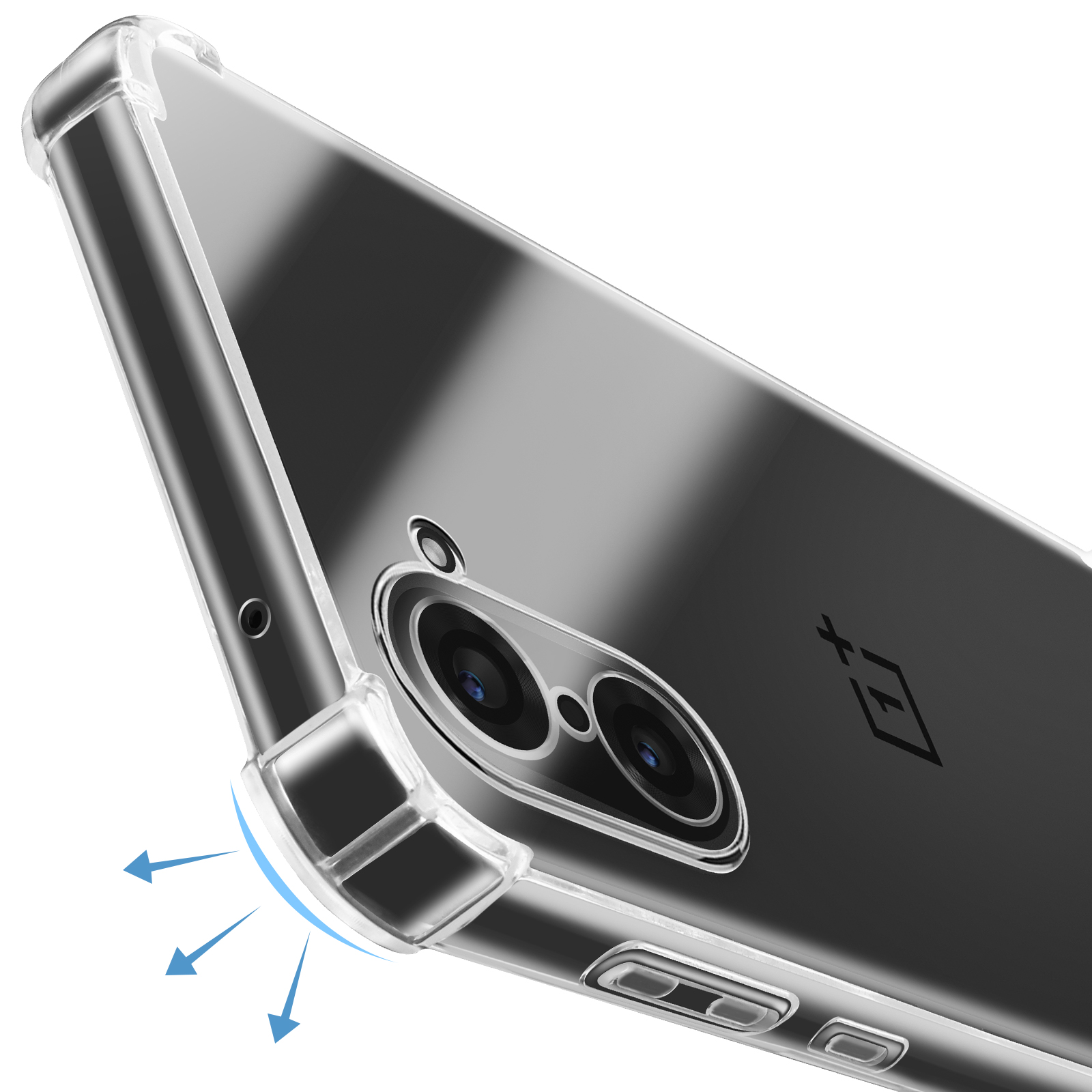 Une coque transparente protège un téléphone noir. La coque a des flèches bleues indiquant une protection contre les chocs.