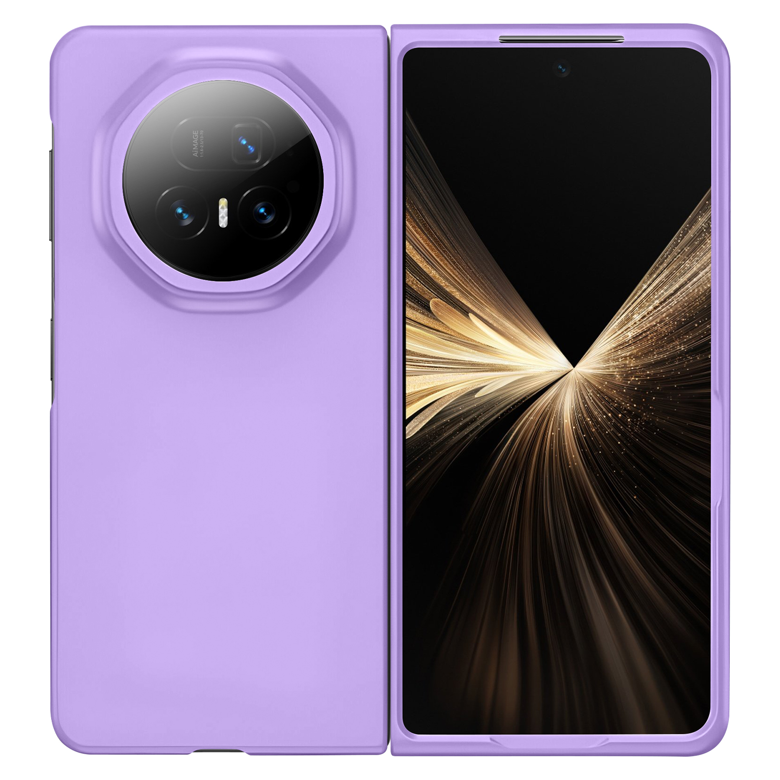 Un téléphone pliable lavande, ouvert pour révéler un écran noir avec un design abstrait doré. L'arrière comporte des lentilles de caméra.