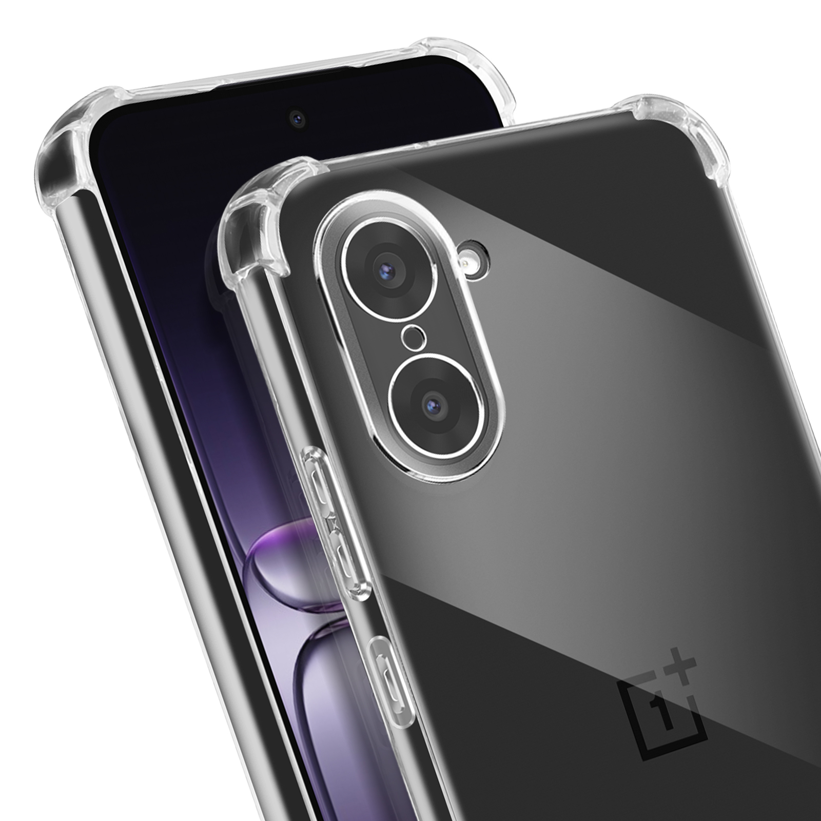 Deux smartphones dans des étuis transparents. L'un est mis au point, montrant les lentilles de la caméra et les boutons. Logo OnePlus visible.