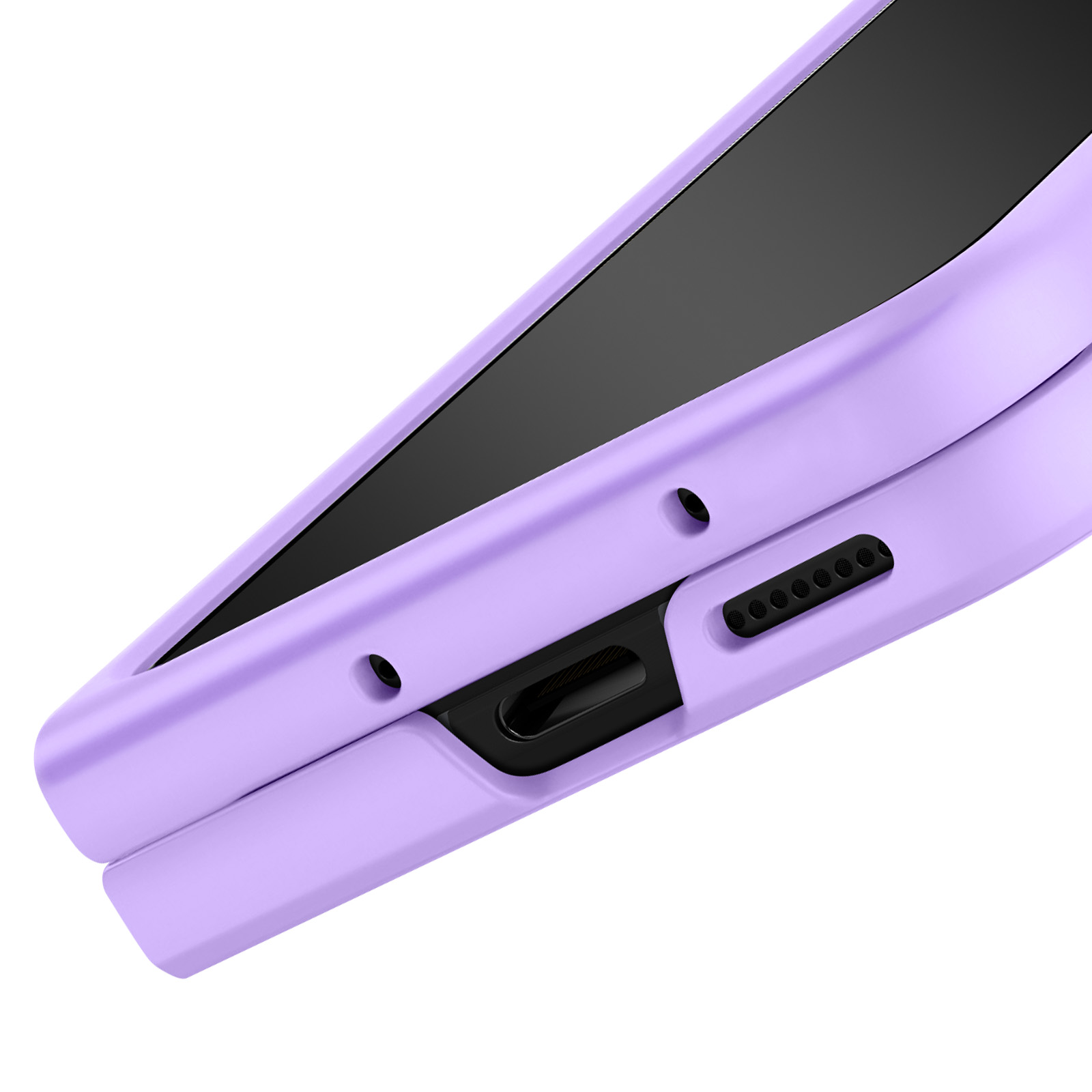 Gros plan sur une coque de téléphone violette. Elle a un écran noir, un port de chargement et des trous de haut-parleur.