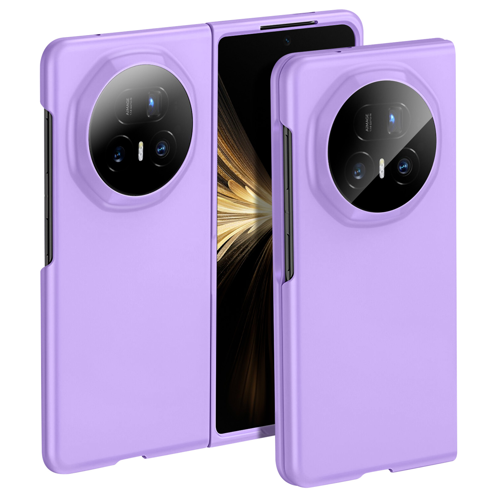 Un étui de téléphone lilas, ouvert, avec un écran sombre et un module caméra. L'arrière-plan est flou.