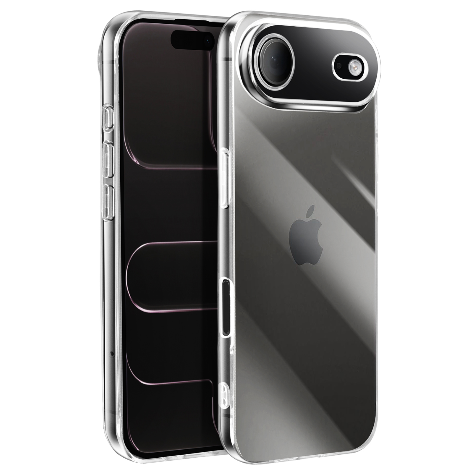 Custodia trasparente per telefono su sfondo bianco. La custodia ha un ritaglio per la fotocamera e un logo Apple.