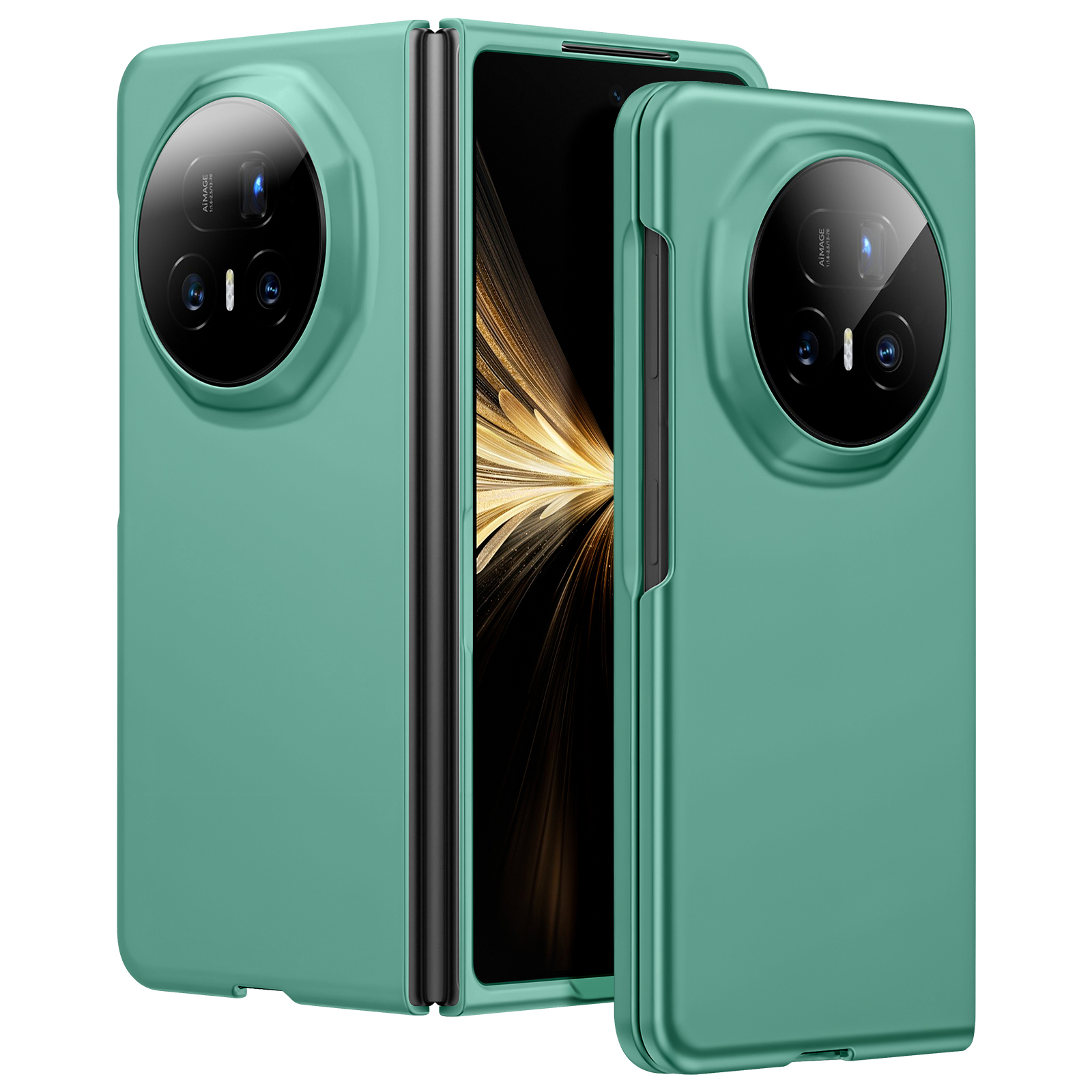 Un téléphone pliable dans un étui sarcelle, l'écran ouvert révèle un motif doré. L'étui a un module caméra proéminent.