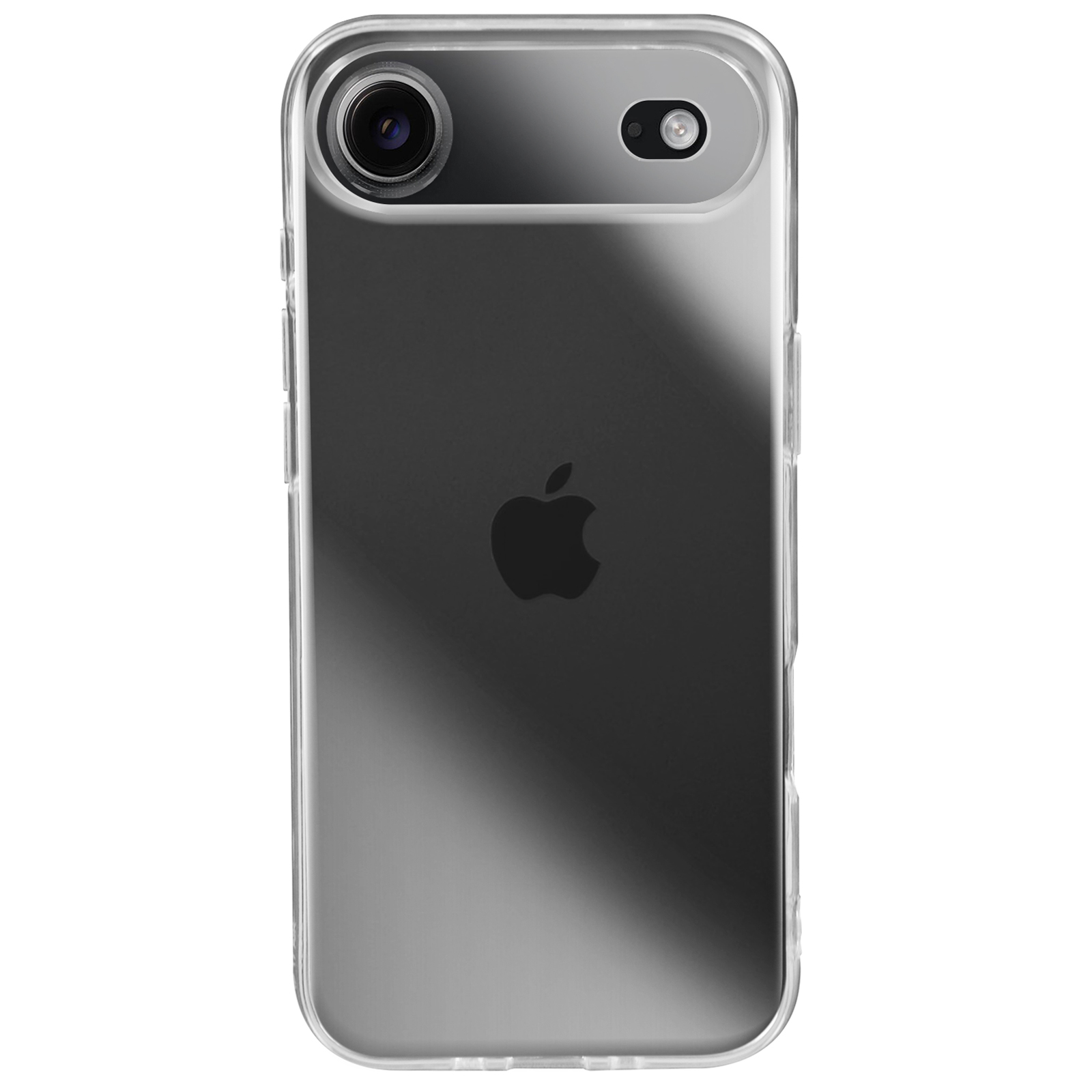 Uno smartphone in una custodia trasparente, con modulo fotocamera e logo Apple. Sfondo bianco.