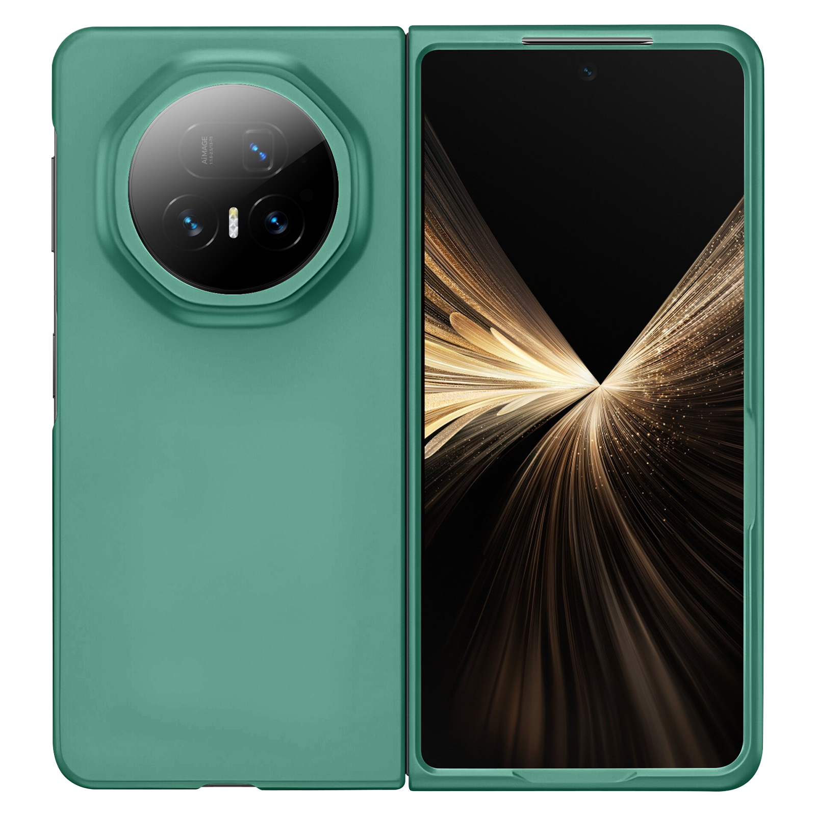 Smartphone pliable vert, fermé à gauche avec caméra, ouvert à droite montrant un fond doré.