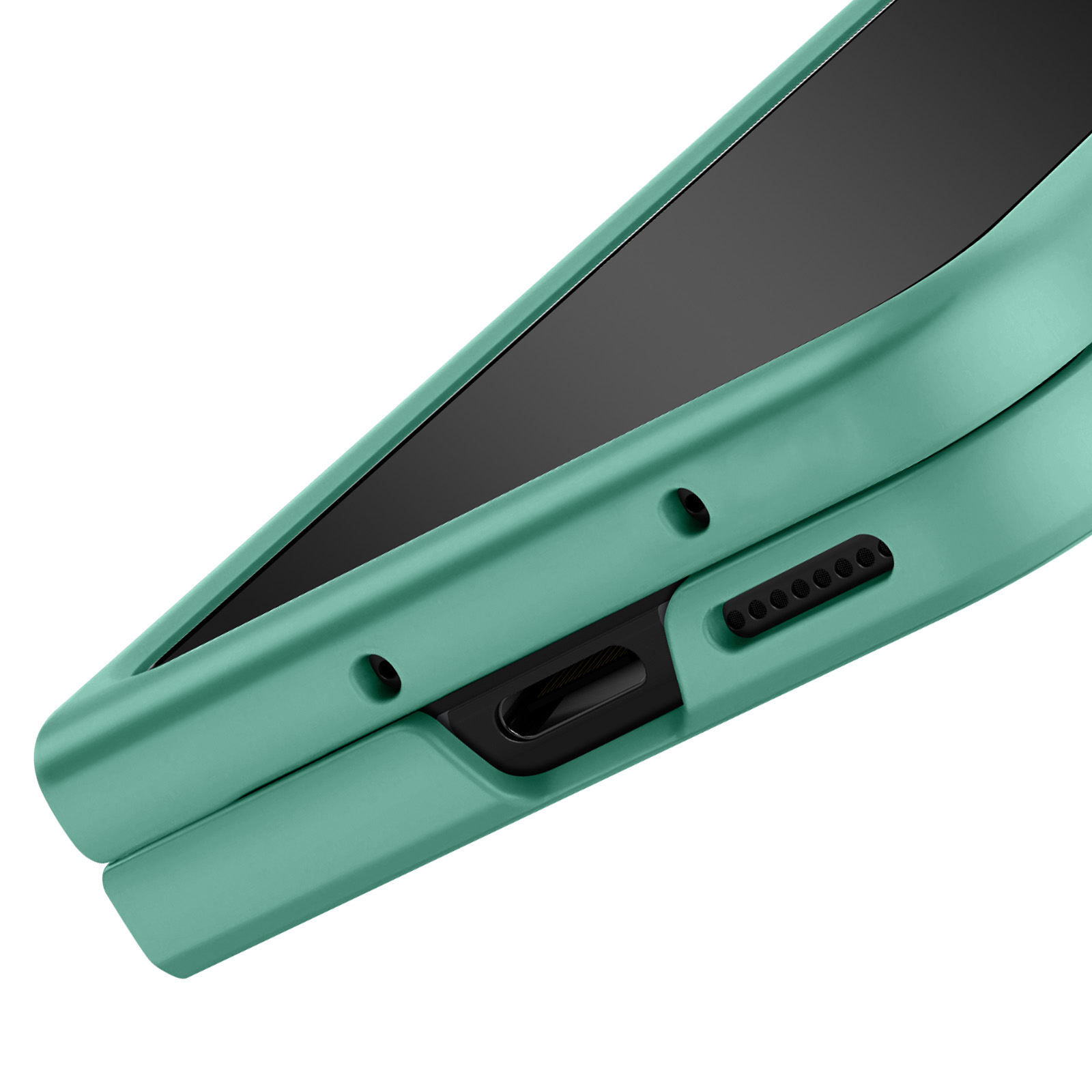 Une coque de téléphone sarcelle, vue en angle. L'écran est noir. Il y a des trous pour le chargeur et les haut-parleurs.