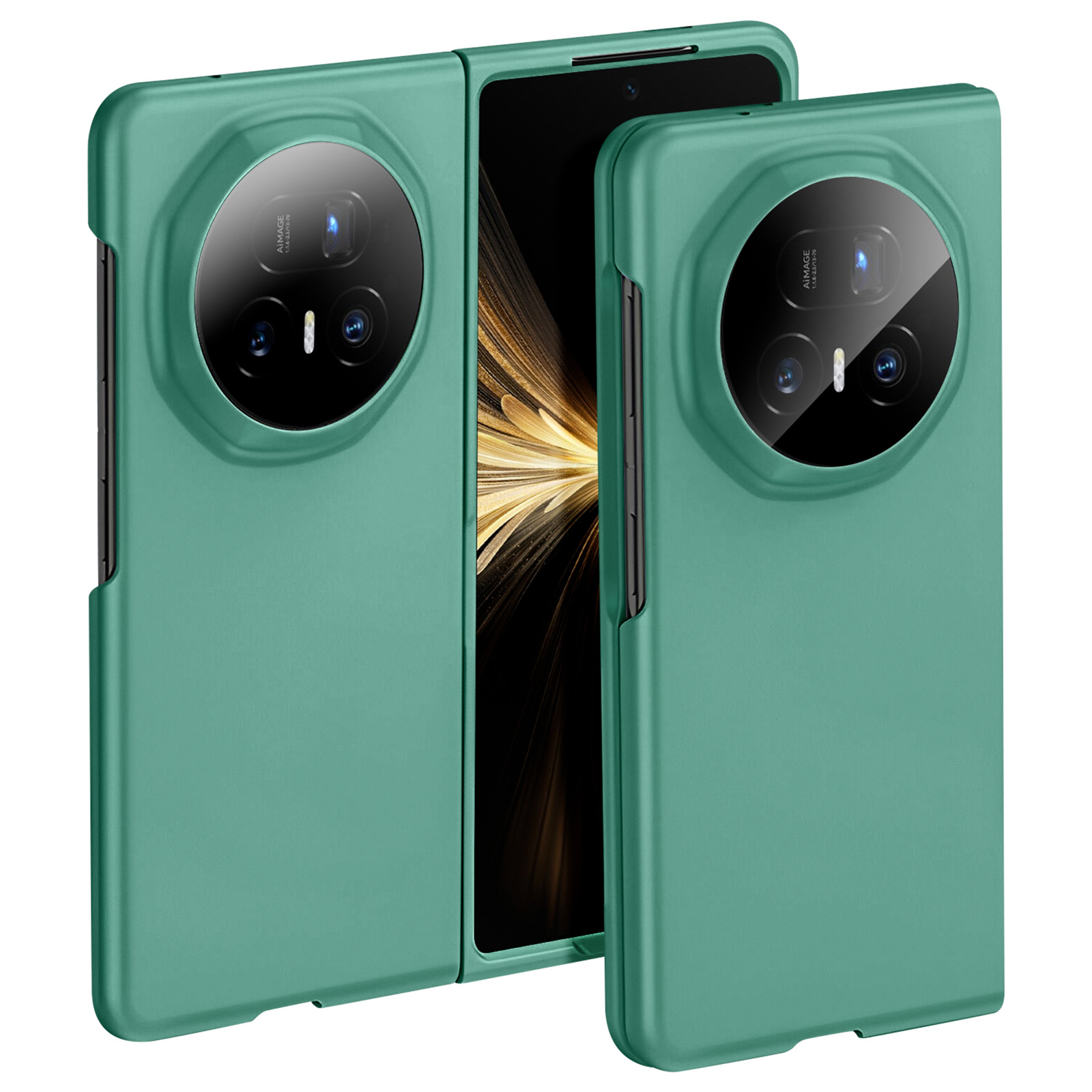 Coque de téléphone verte, ouverte, montrant l'écran. Les coques ont des découpes pour l'appareil photo et une marque. Fond blanc.