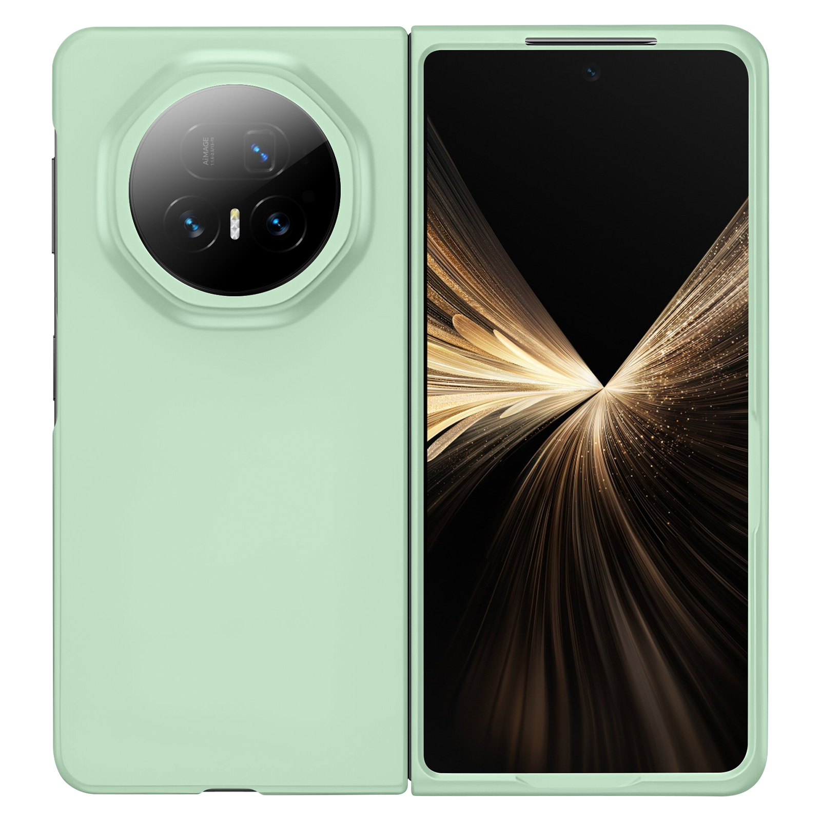 Un téléphone pliable vert menthe est affiché, un côté fermé avec des objectifs d'appareil photo, l'autre ouvert avec un design de lumière dorée.