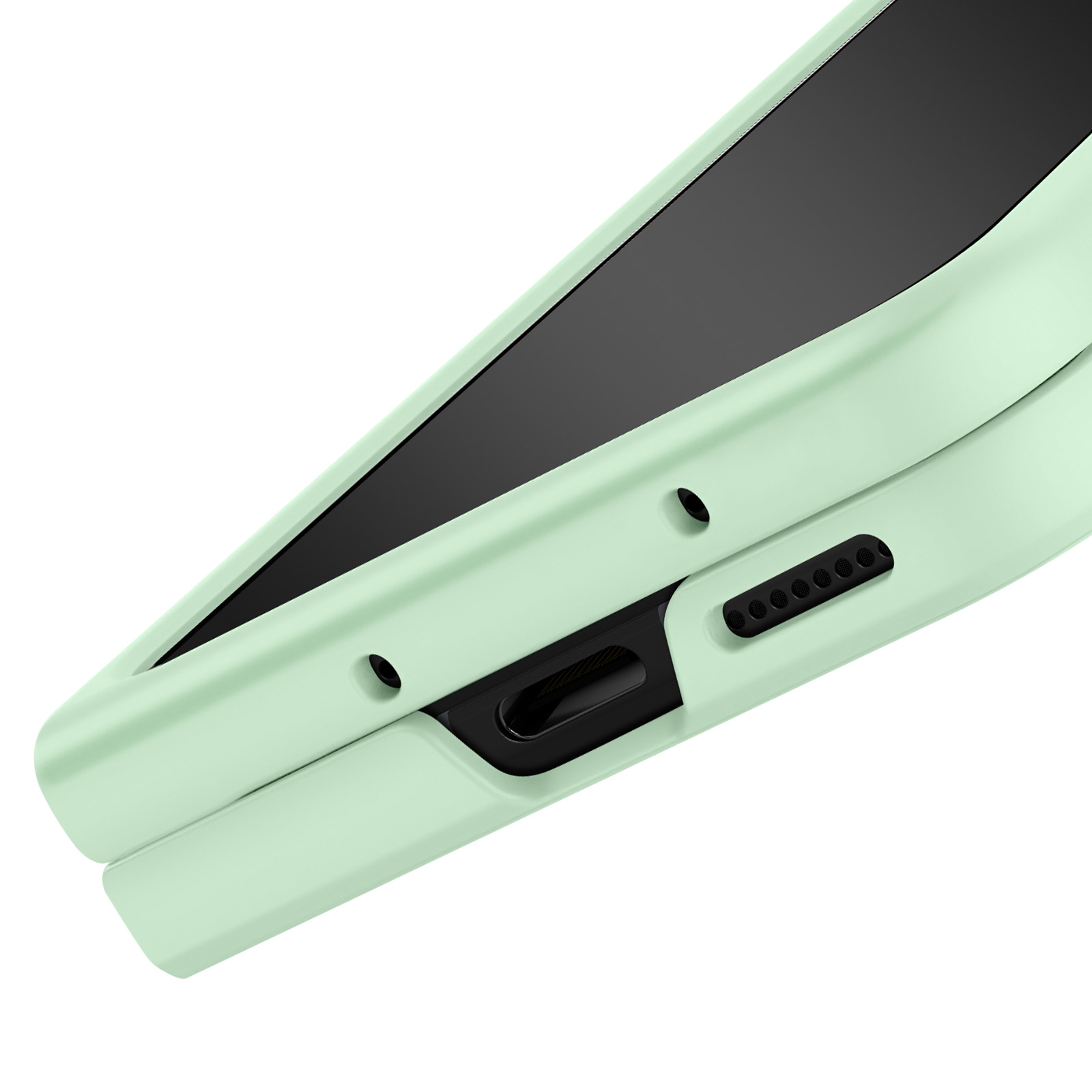 Gros plan sur une coque de téléphone vert clair avec des accents noirs, montrant le port de charge et les haut-parleurs.