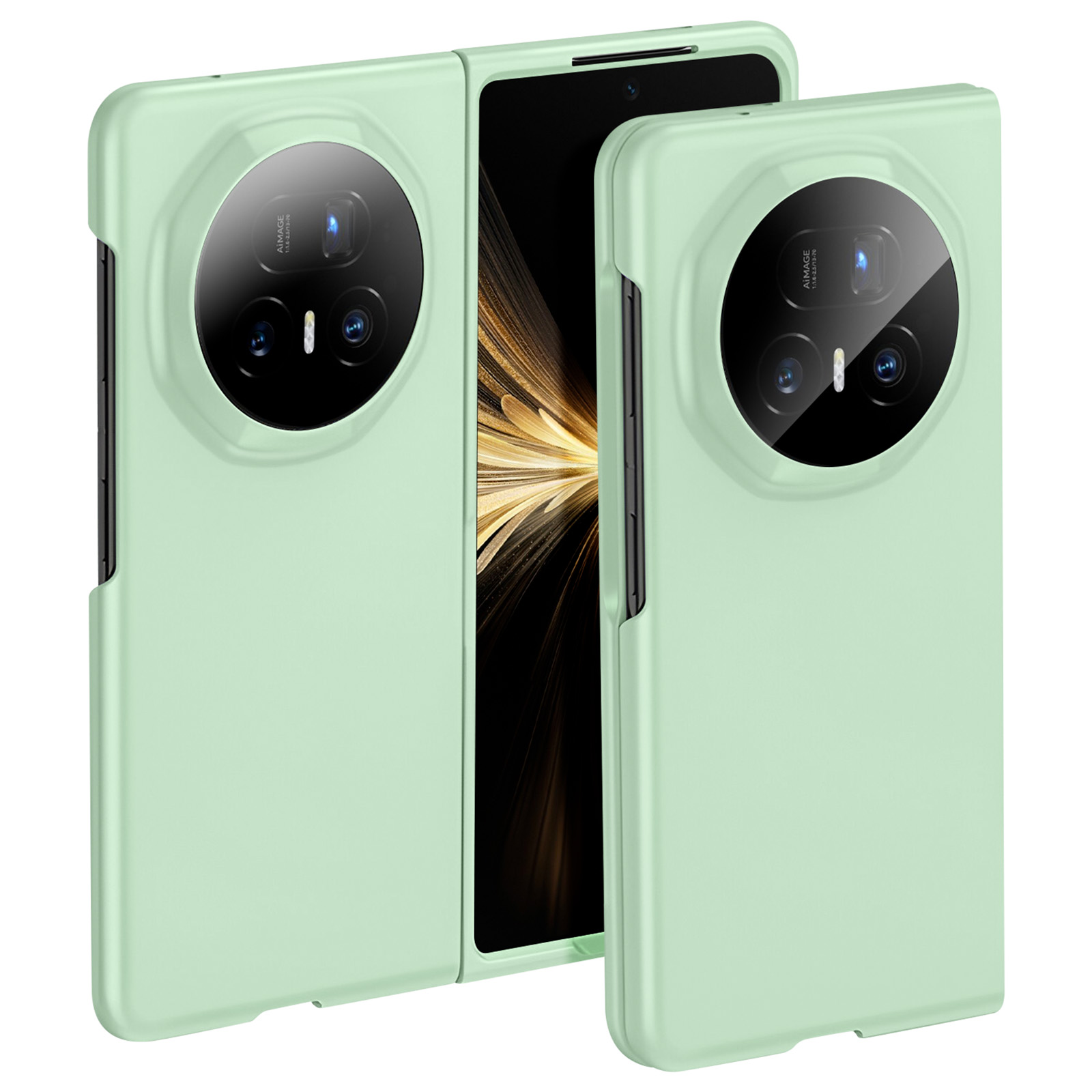 Un étui de téléphone vert menthe avec un module caméra circulaire et un écran noir visible entre les deux moitiés.