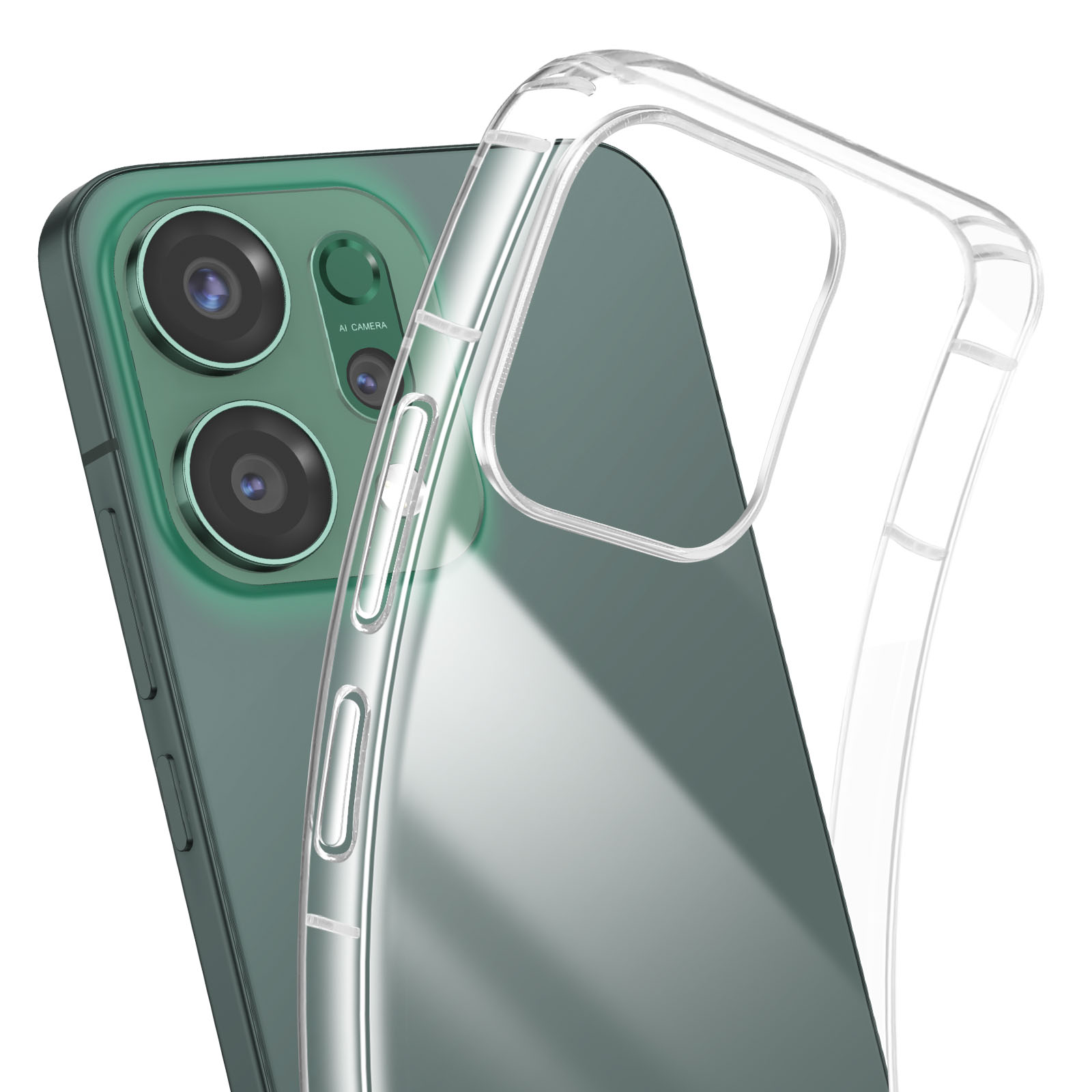 Una custodia trasparente per telefono è posizionata su un telefono verde. Il telefono ha tre fotocamere. Lo sfondo è bianco.