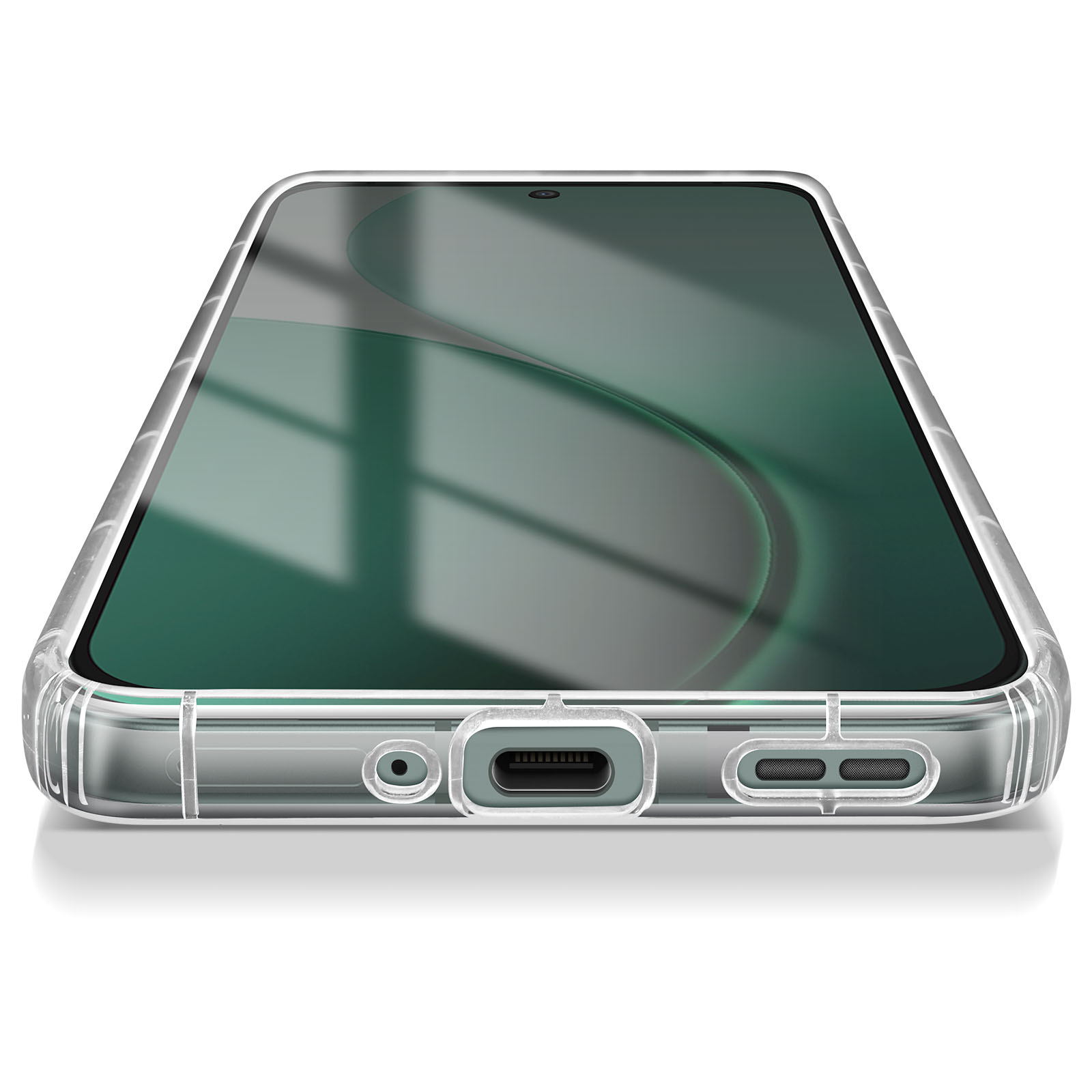 Custodia trasparente per telefono su sfondo bianco, con schermo verde. La custodia ha aperture per porte e pulsanti.