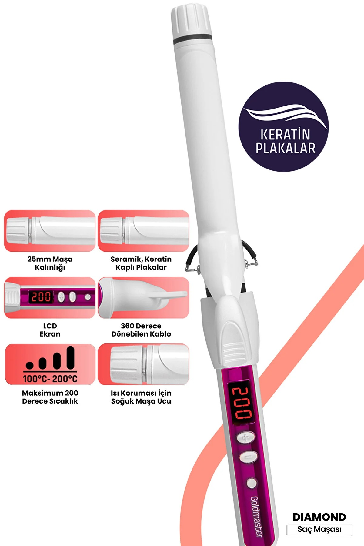 200°C gösteren LCD ekranlı beyaz ve mor bir maşa. Özellikleri arasında keratin kaplı plakalar ve 360 derece dönebilen kablo bulunur.
