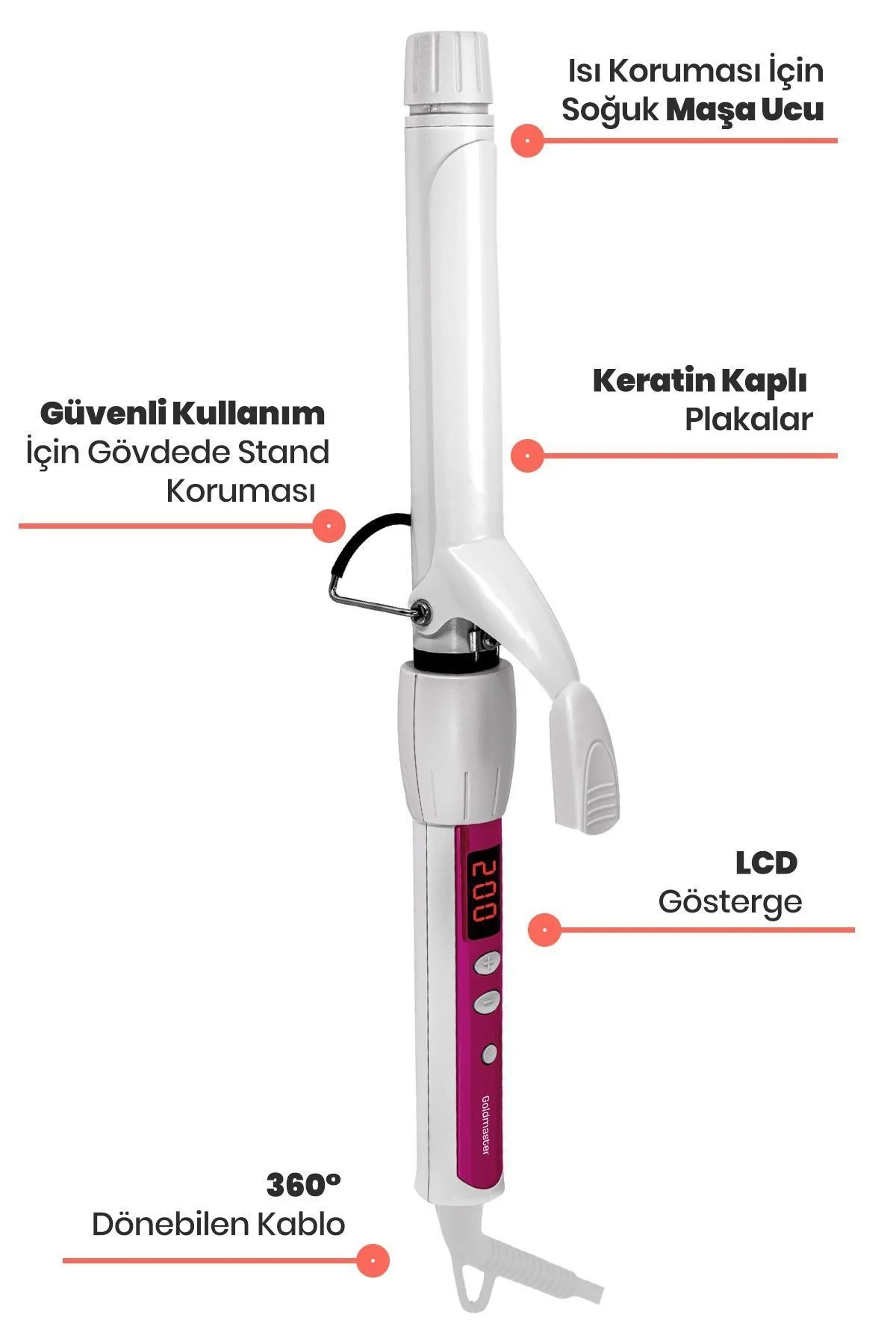 Pembe detaylı beyaz bir maşa ve LCD ekran. Soğuk ucu, keratin kaplı plakaları ve 360 derece dönebilen kablosu bulunur.