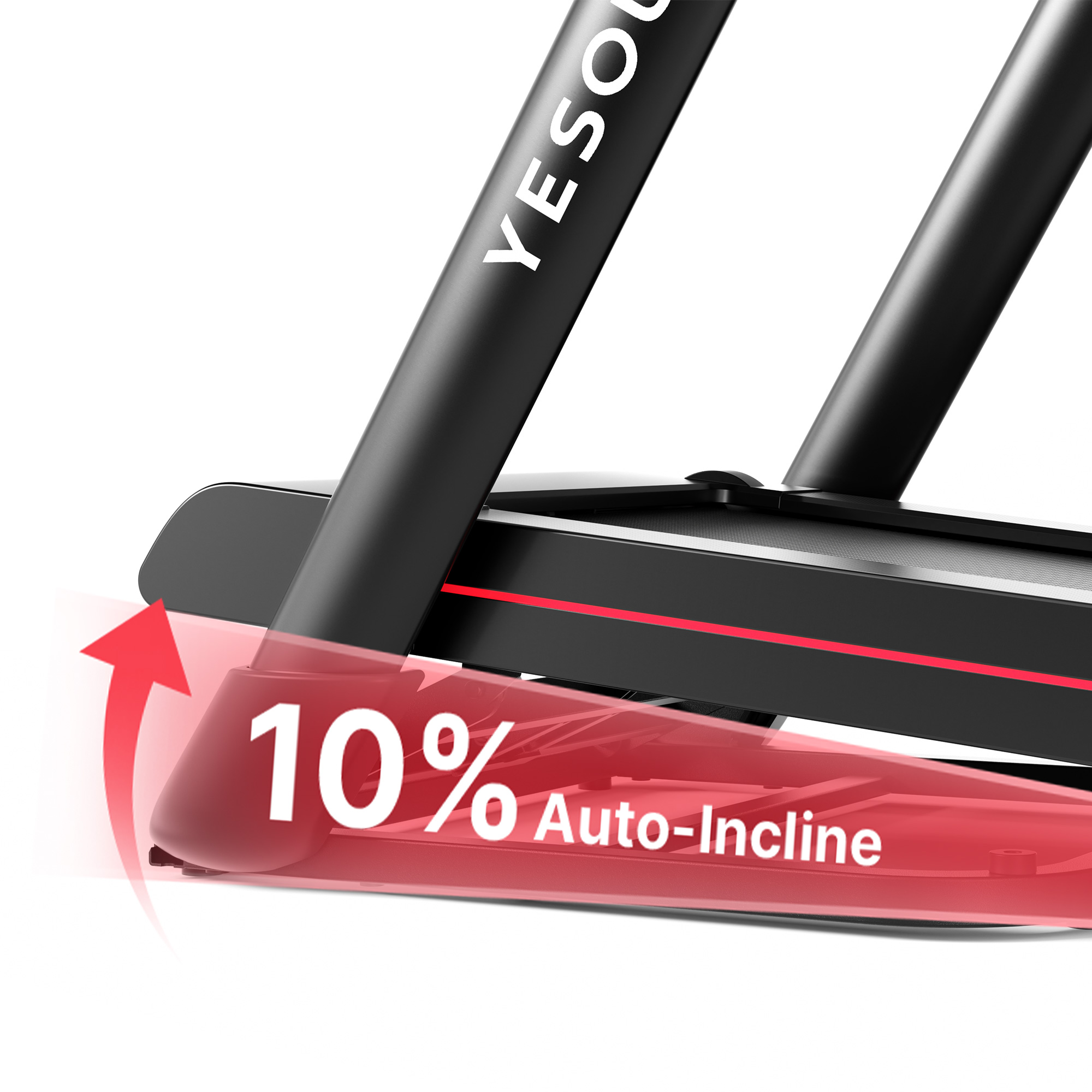 Primer plano de una cinta de correr. Una flecha roja indica una inclinación automática del 10%. Detalles en negro y rojo.