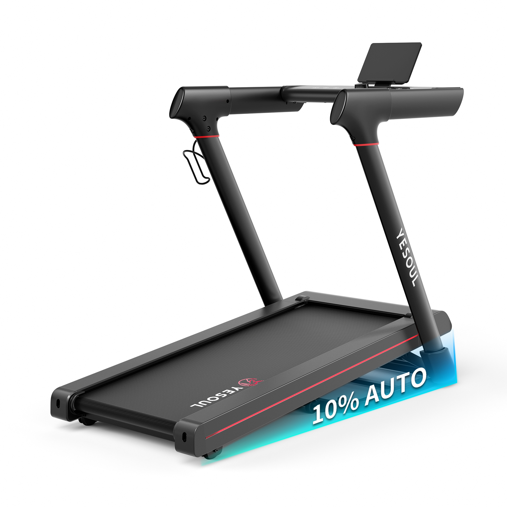 Un tapis roulant nero con dettagli rossi e un supporto per tablet. La base è blu con la scritta '10% AUTO'.