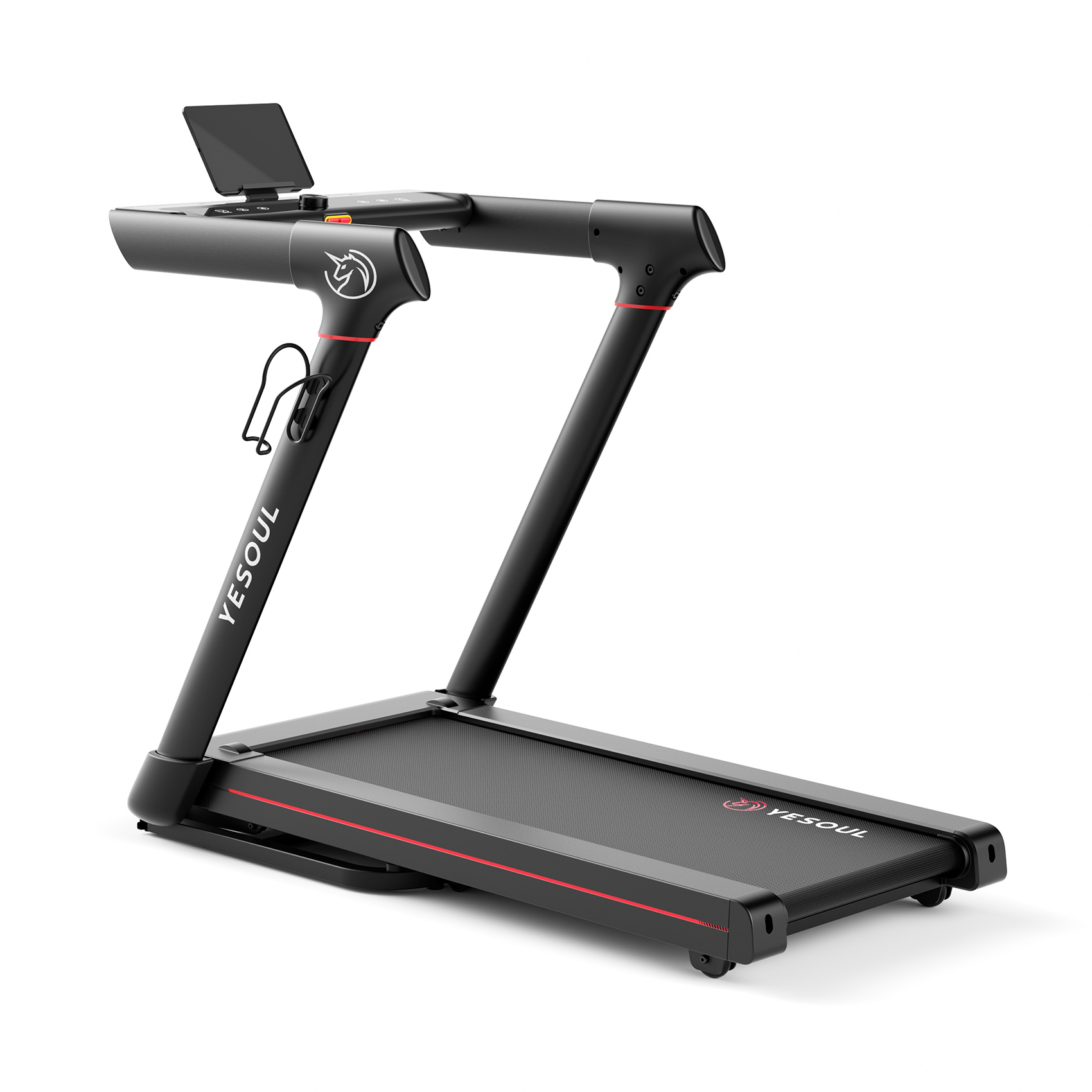 Un tapis roulant nero con un supporto per tablet. Ha una linea rossa e un logo unicorno. Il marchio è YESOUL.