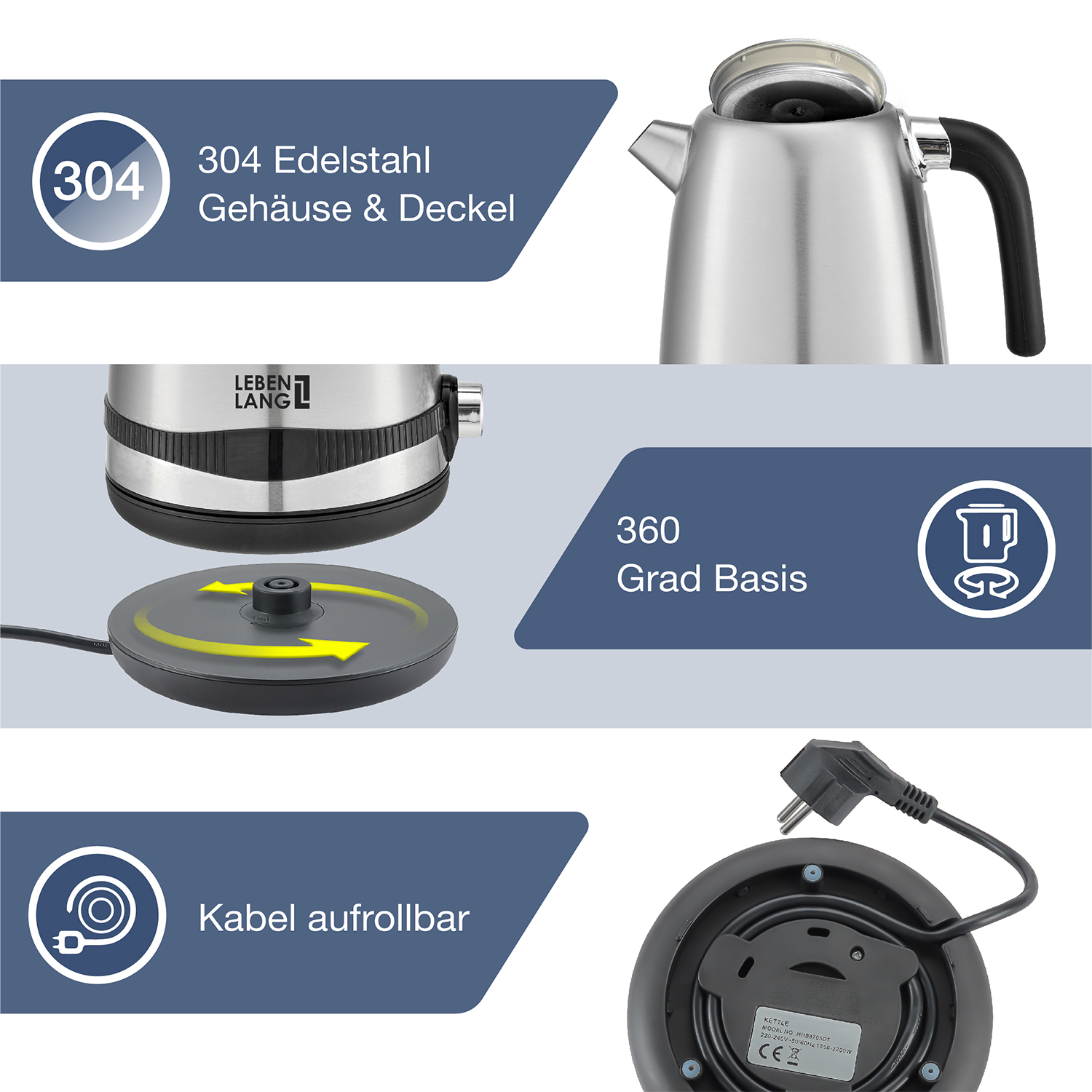 Un bollitore in acciaio inossidabile con manico e base neri. Ha una base girevole a 360 gradi e un cavo di alimentazione retrattile.