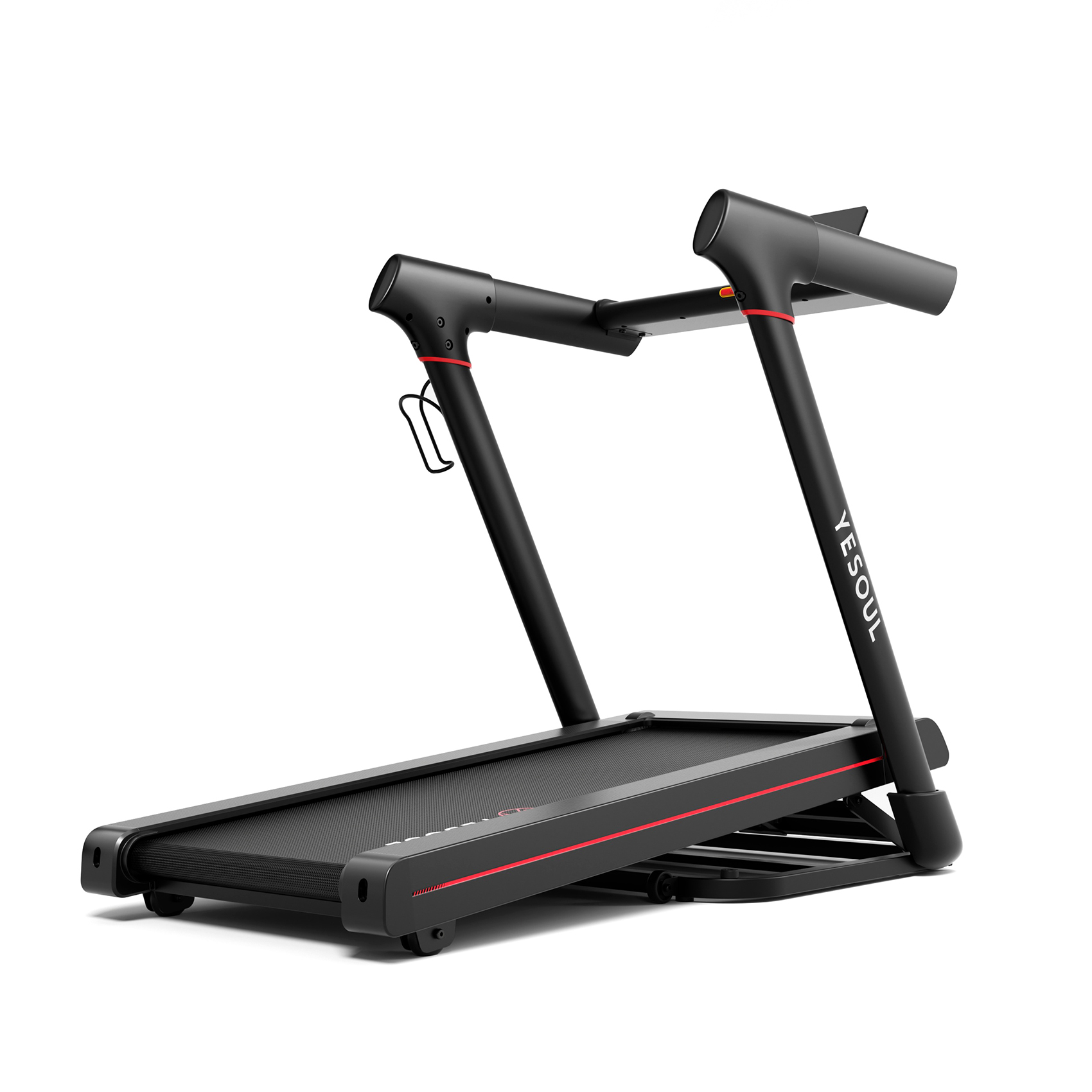 Tapis roulant nero con dettagli rossi. Ha una superficie di corsa e due maniglie. Il marchio è visibile.