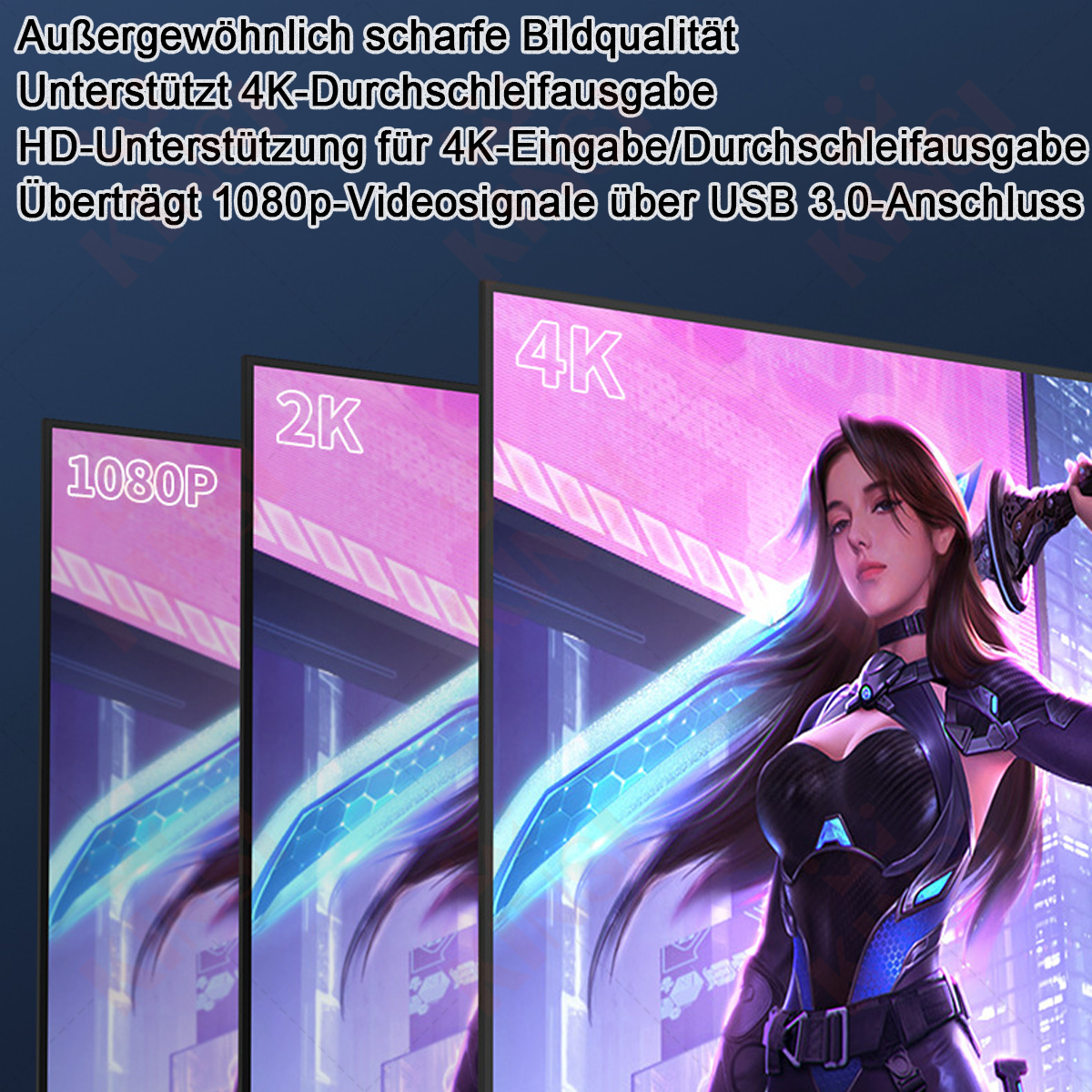 Eine Frau mit langen Haaren hält ein Schwert, im Hintergrund Bildschirme mit 1080p, 2K und 4K, mit deutschem Text.