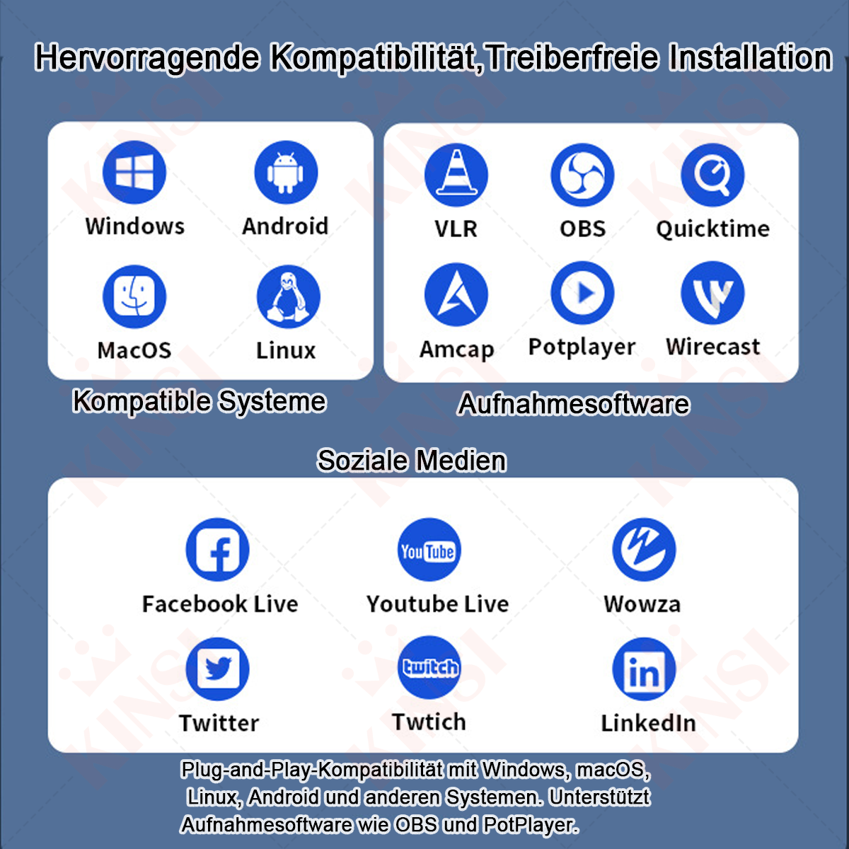 Das Bild zeigt Kompatibilität mit Windows, Android, macOS, Linux und anderen. Unterstützt OBS, PotPlayer und soziale Medien.