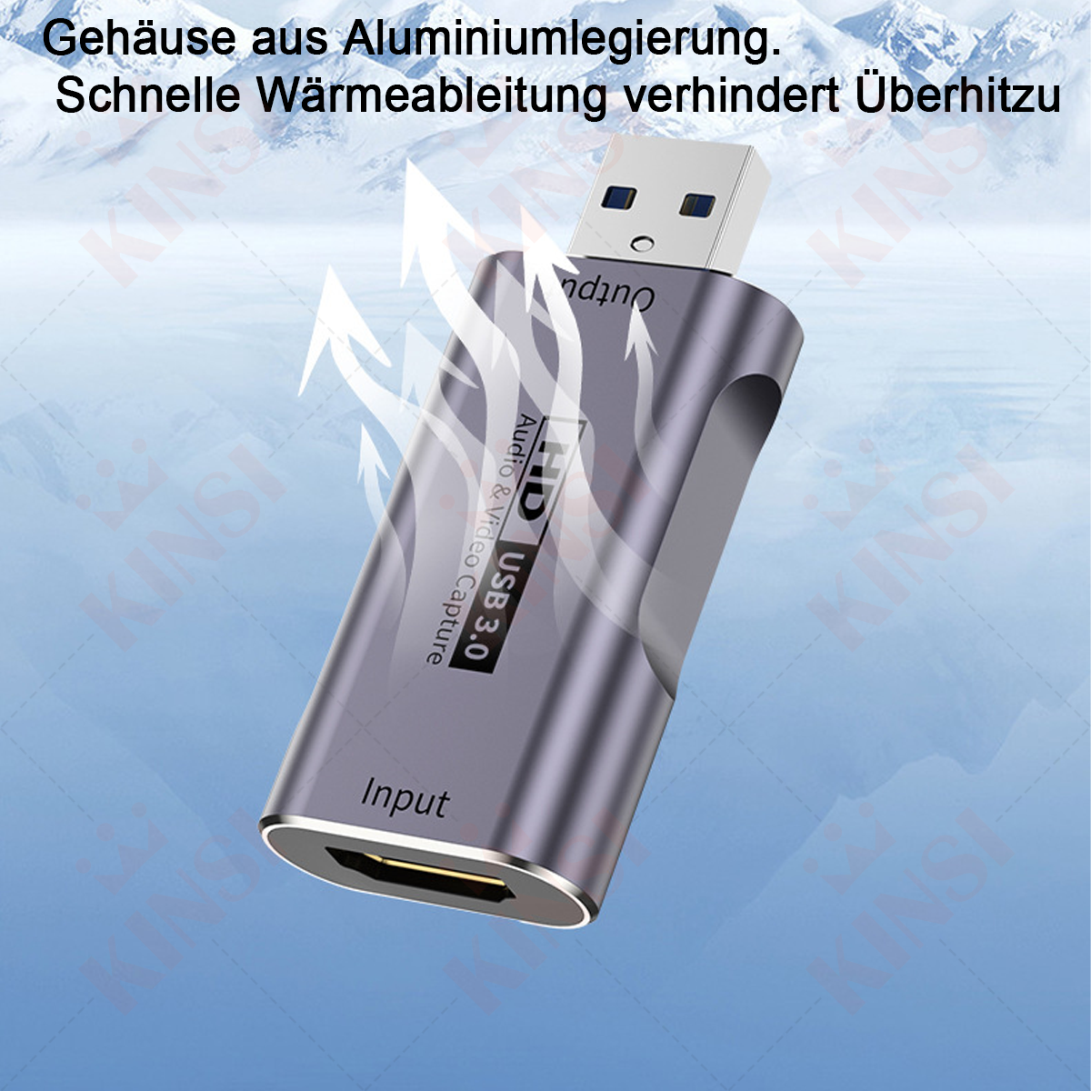 Ein graues USB 3.0-Aufnahmegerät mit USB-Anschluss. Text: Audio & Video Capture, HD, USB 3.0, Input, Output. Weiße Pfeile zeigen Wärmeableitung.