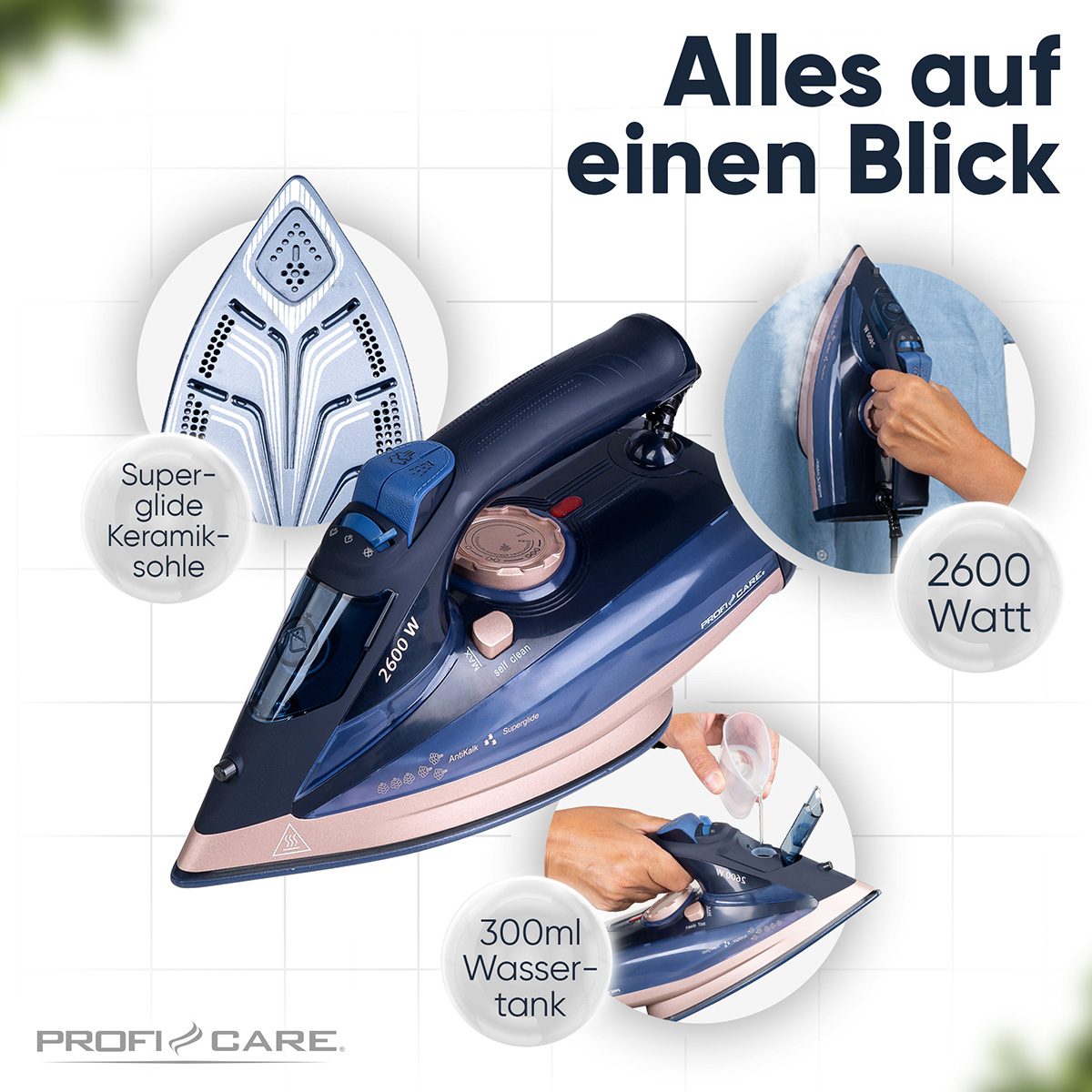 Ein Bügeleisen mit blauem und roségoldenem Design. Zu den Merkmalen gehören 2600 W, eine Keramiksohle und ein 300-ml-Wassertank.