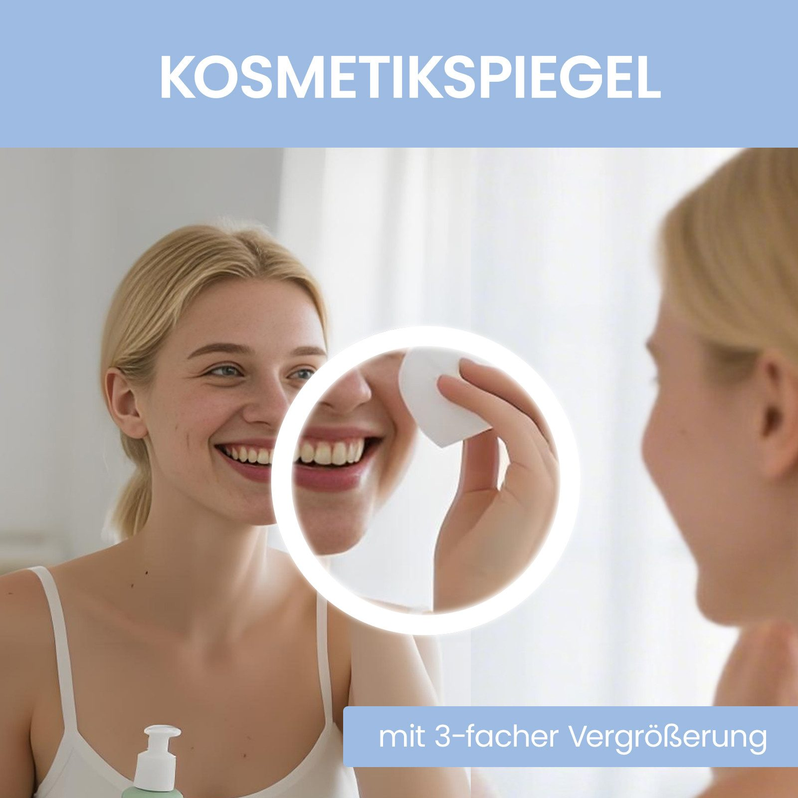 Eine Frau lächelt vor einem Kosmetikspiegel. Sie hält ein Wattepad. Oben steht 'Kosmetikspiegel'.
