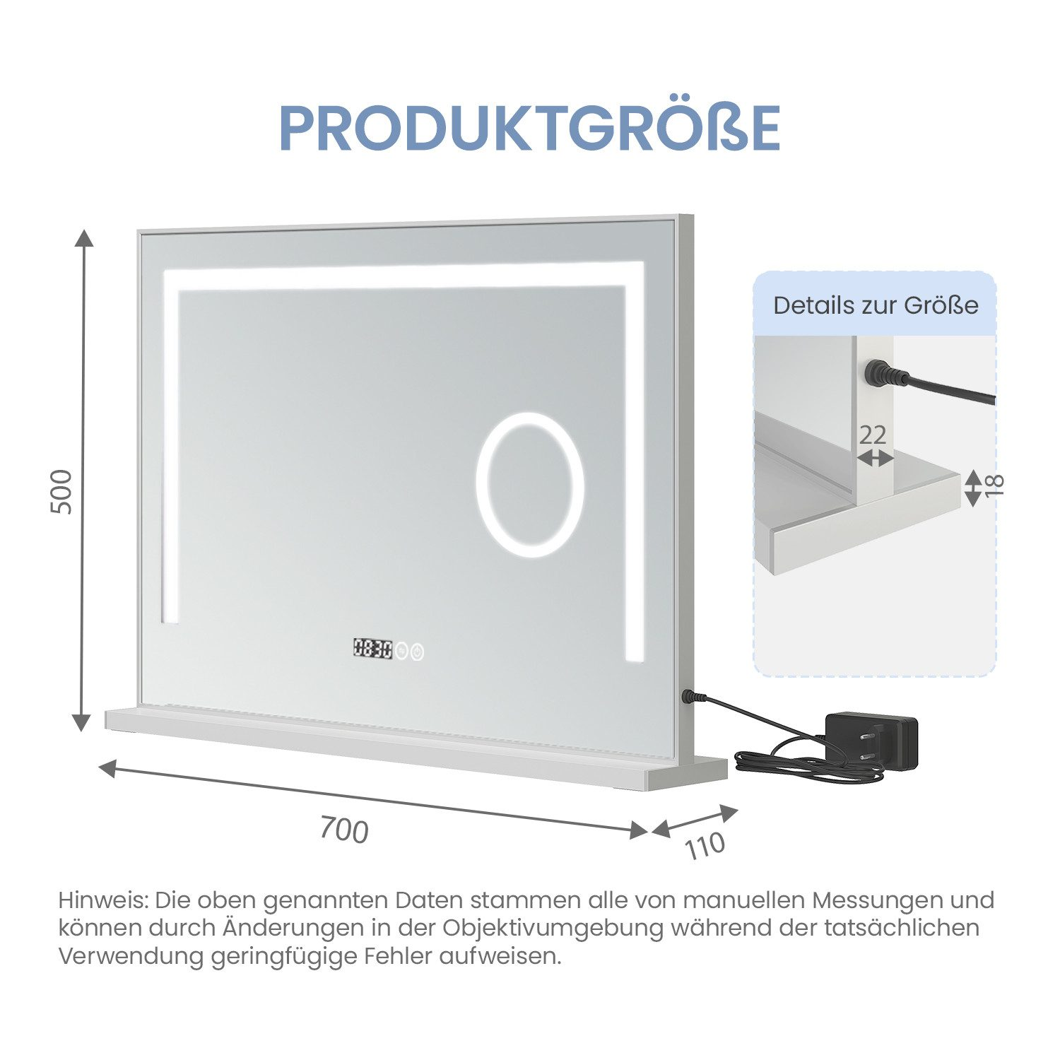 Ein rechteckiger Spiegel mit Abmessungen, Details und einer Digitaluhr. Der Text 'PRODUKTGRÖBE' steht oben.