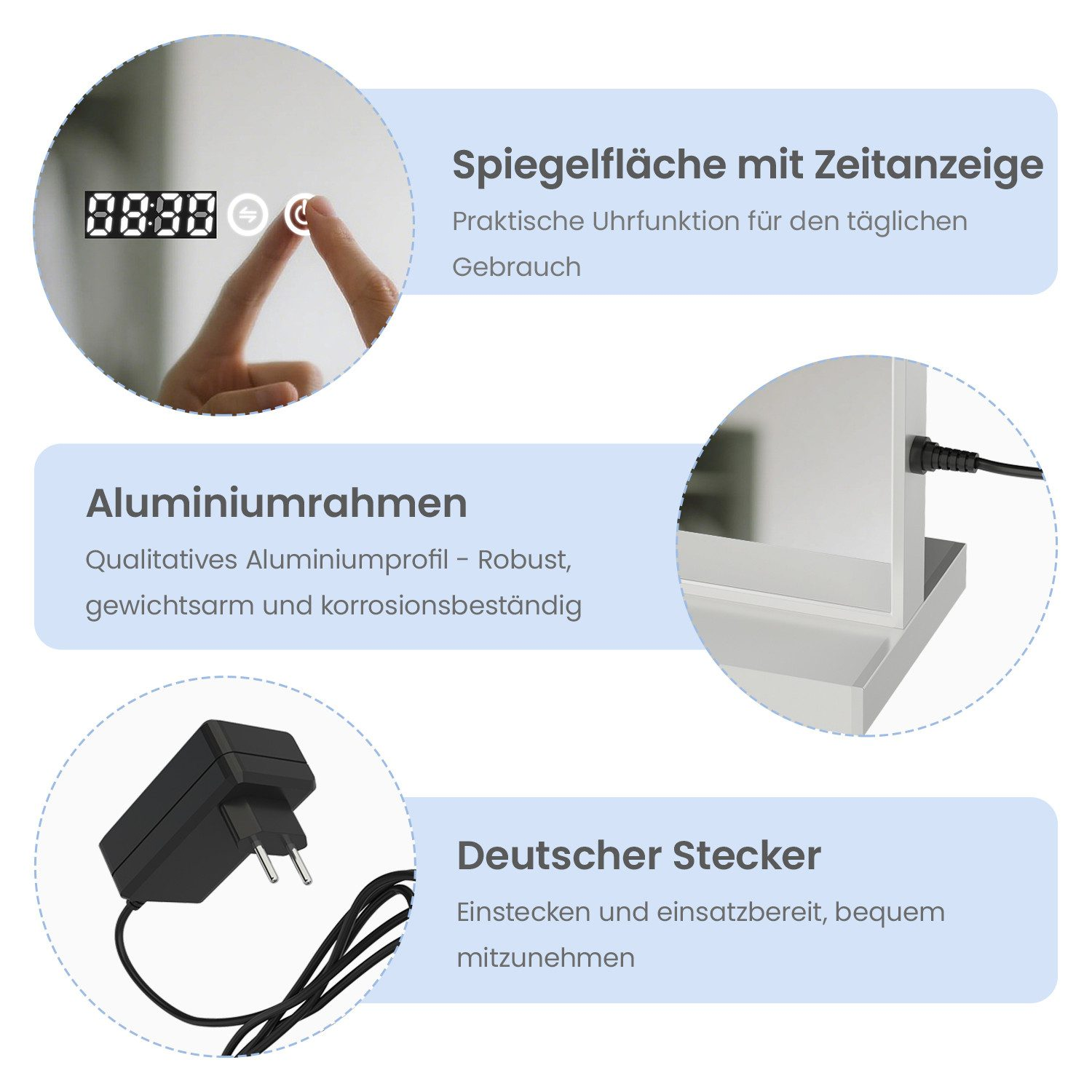 Eine Digitaluhr zeigt 08:30 Uhr an. Eine Hand berührt eine Berührungstaste. Text beschreibt Aluminiumrahmen und deutscher Stecker.