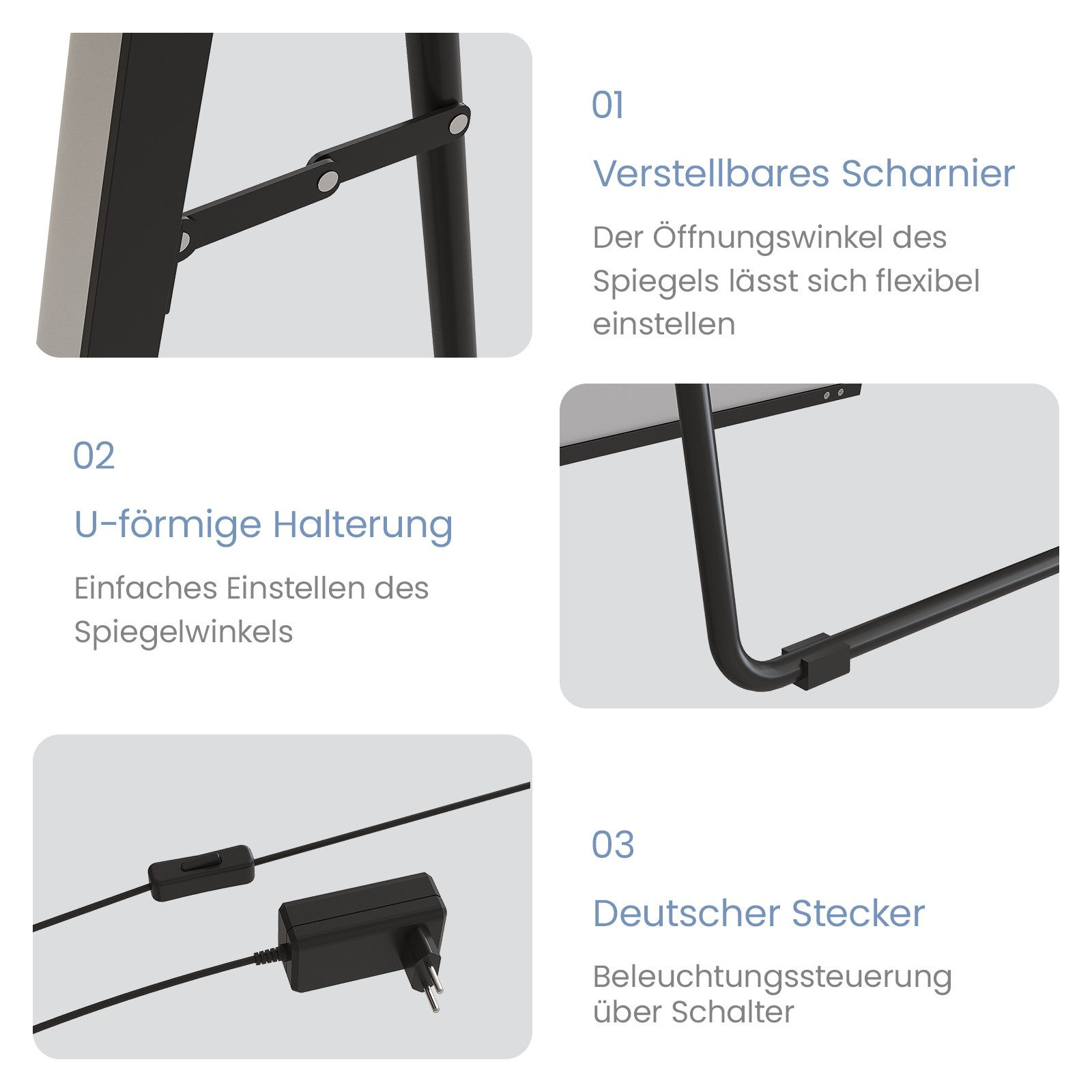 Das Bild zeigt Details eines Spiegels. Es umfasst ein Scharnier, eine U-förmige Halterung und einen deutschen Stecker mit Schalter.