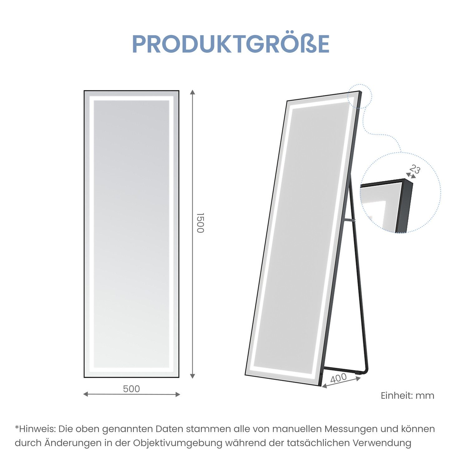 Diagramm eines Standspiegels mit Abmessungen. Es zeigt einen rechteckigen Spiegelrahmen mit mm-Angaben.
