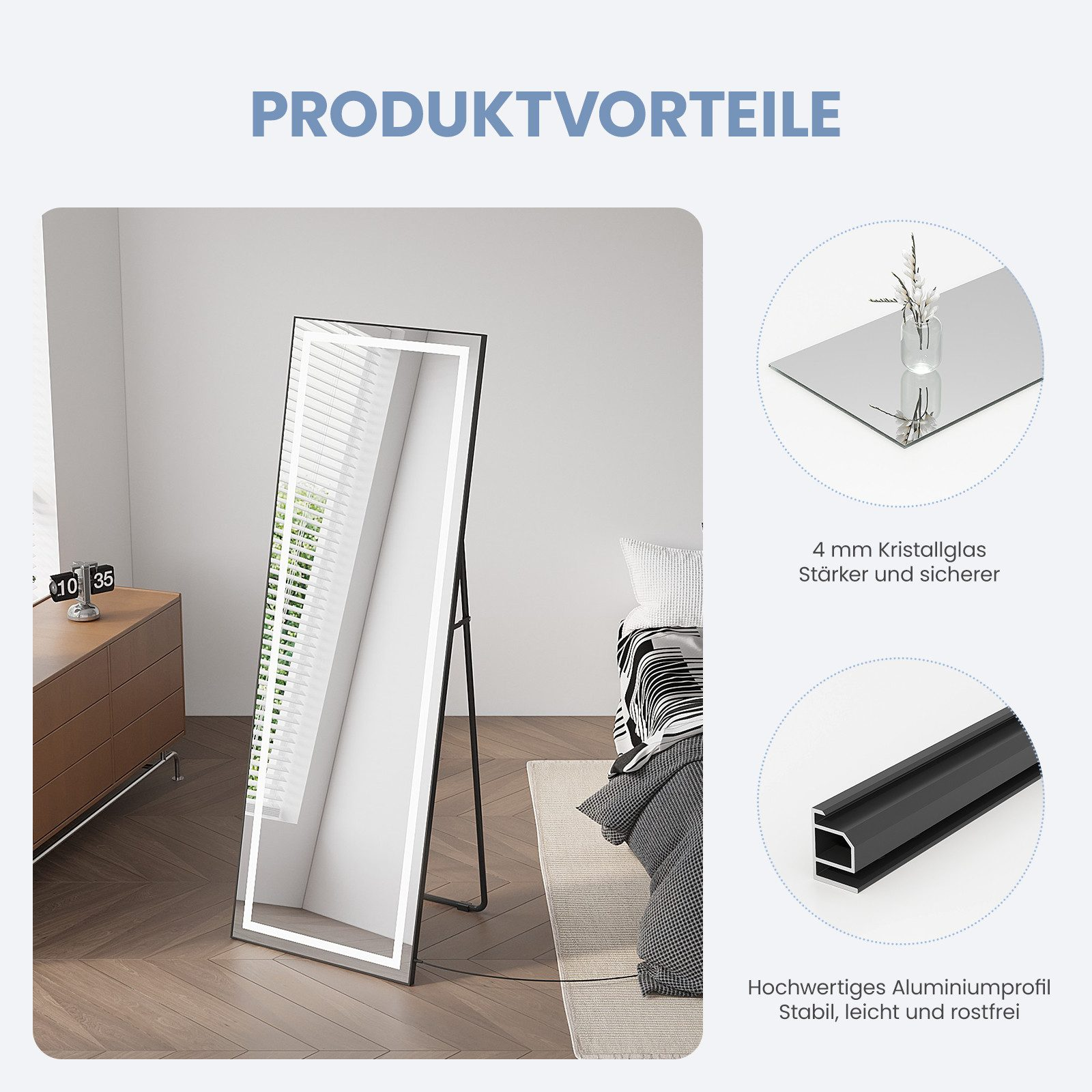 Ein hoher Spiegel mit hellem Rahmen in einem Raum. Details zeigen Glas, ein Aluminiumprofil und zusätzliche Designelemente.