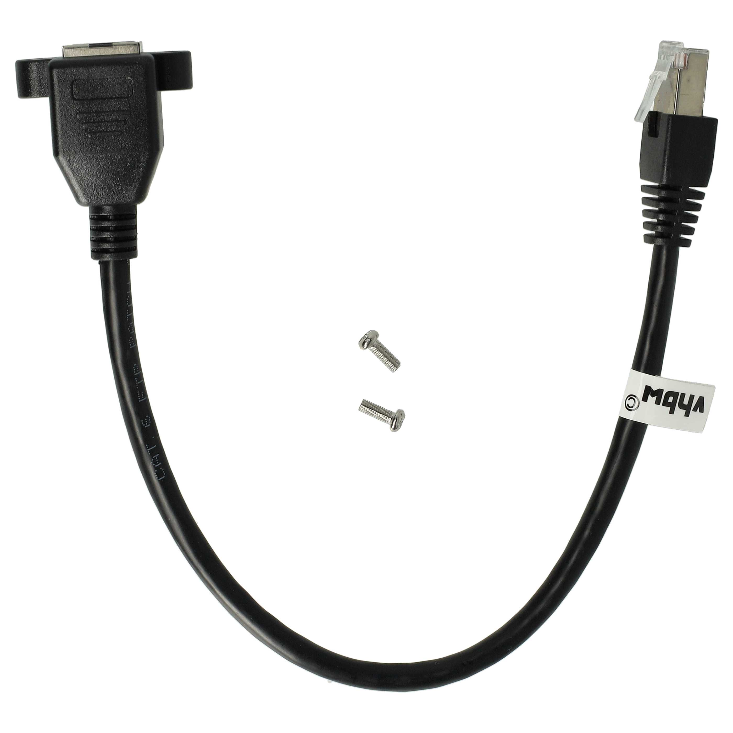 Schwarzes Kabel mit Anschlüssen an jedem Ende, zwei Schrauben auf weißem Hintergrund.