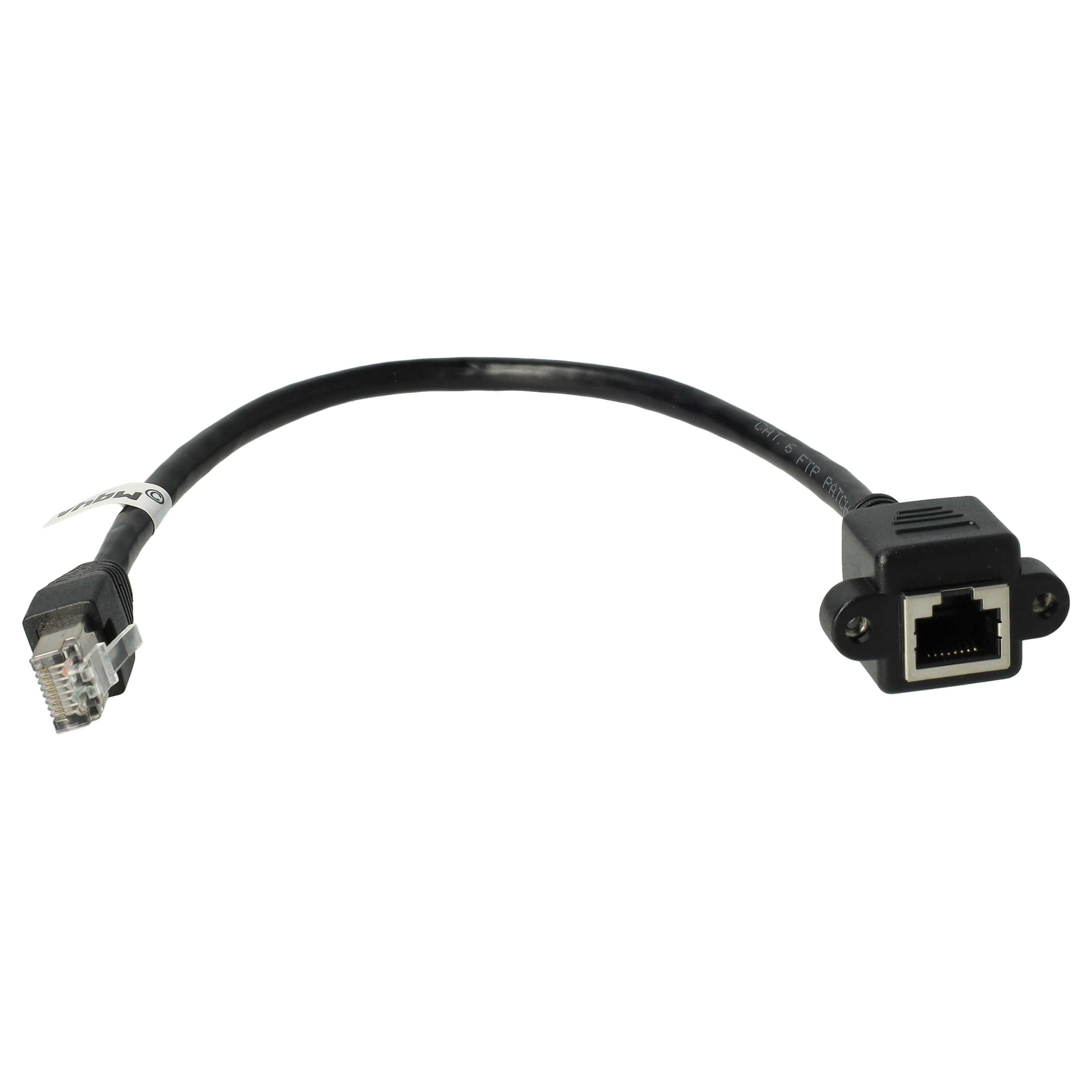Ein schwarzes Ethernet-Kabel mit Steckern an jedem Ende. Ein Ende hat einen Standard-RJ45-Stecker.