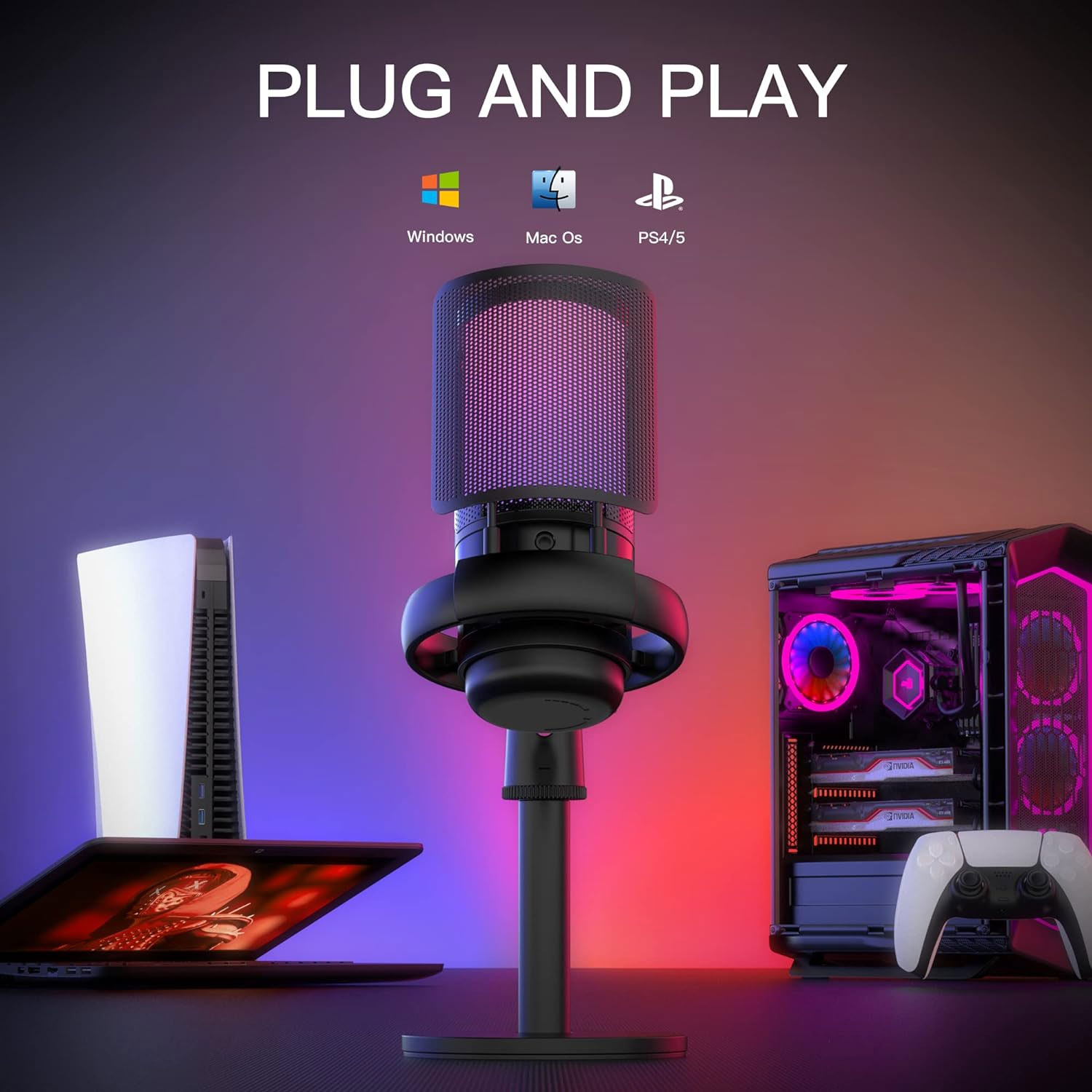 Ein Mikrofon, ein Laptop, eine PS5 und ein Gaming-PC stehen auf einem Tisch. Der Hintergrund ist ein Farbverlauf mit Blau, Rot und Lila.