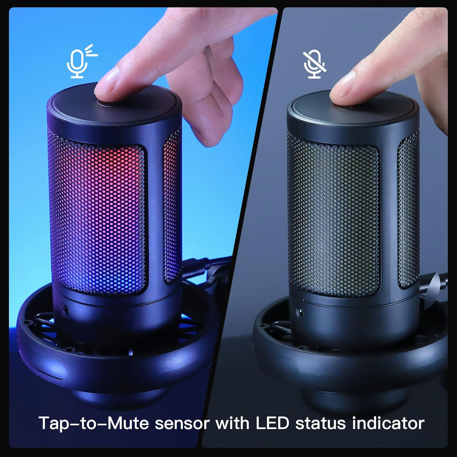 Zwei Bilder. Ein Finger drückt eine Mikrofontaste. Das Mikrofon hat einen Mesh-Körper. LED-Leuchten leuchten im Inneren. Text sagt Tap-to-Mute-Sensor.