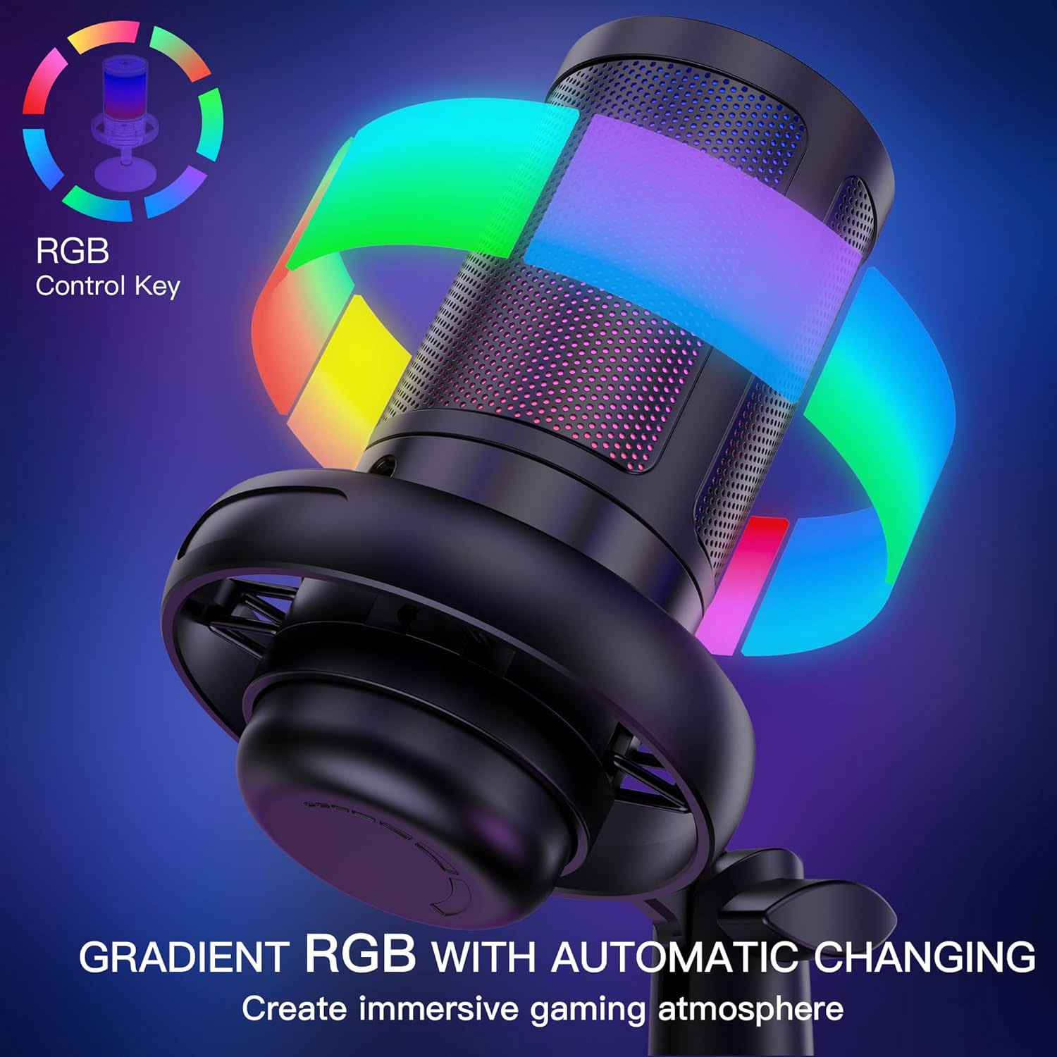 Ein schwarzes Mikrofon mit RGB-Beleuchtung. Das Bild zeigt eine Nahaufnahme des Mikrofons und der RGB-Lichter mit Farbverläufen.