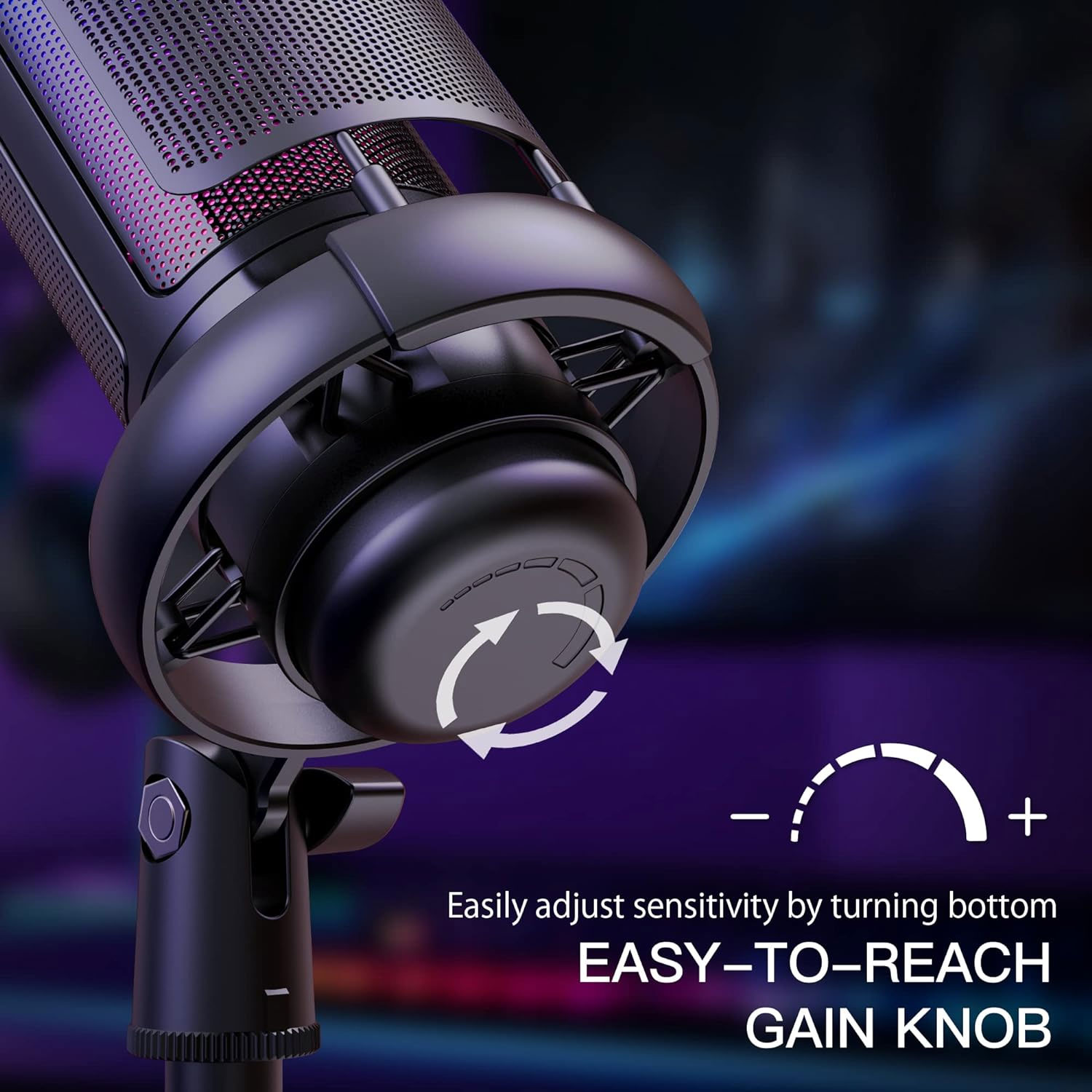 Nahaufnahme eines schwarzen Mikrofons mit Gain-Knopf. Text: 'Empfindlichkeit einfach einstellen durch Drehen des unteren EASY-TO-REACH GAIN KNOB'.
