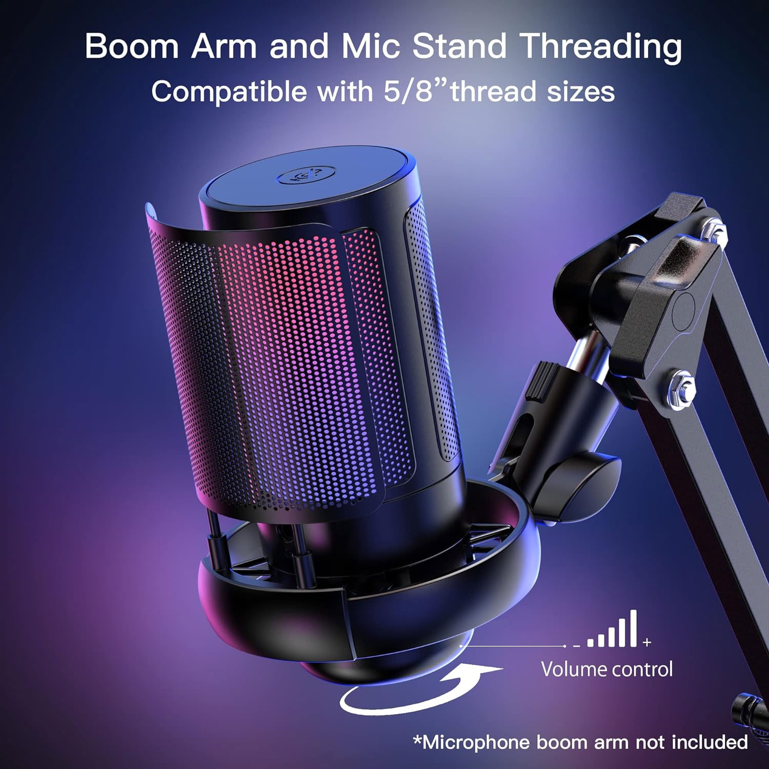 Ein schwarzes Mikrofon mit Auslegerarm, Lautstärkeregelung und Gewindeangaben, mit dem Text 'Boom Arm and Mic Stand Threading'.