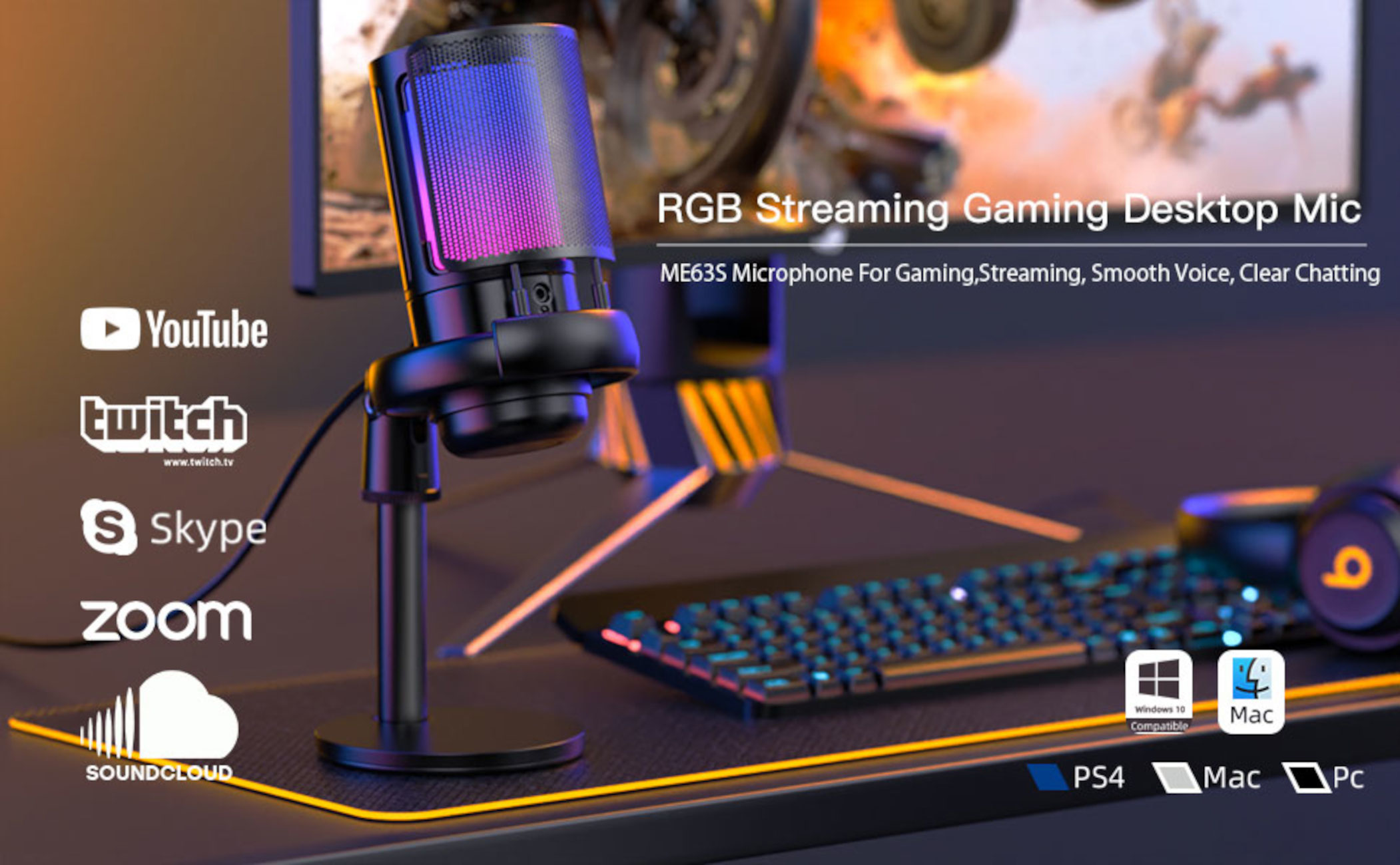 Ein Gaming-Mikrofon mit RGB-Beleuchtung, eine Tastatur und ein Headset stehen auf einem Schreibtisch. Im Hintergrund ist ein Motorrad auf einem Bildschirm.