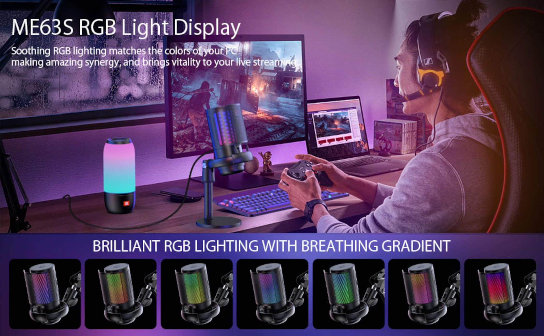 Eine Person mit Headset spielt. Das Setup umfasst einen Monitor, ein Mikrofon, eine Tastatur, einen Controller und RGB-Licht.