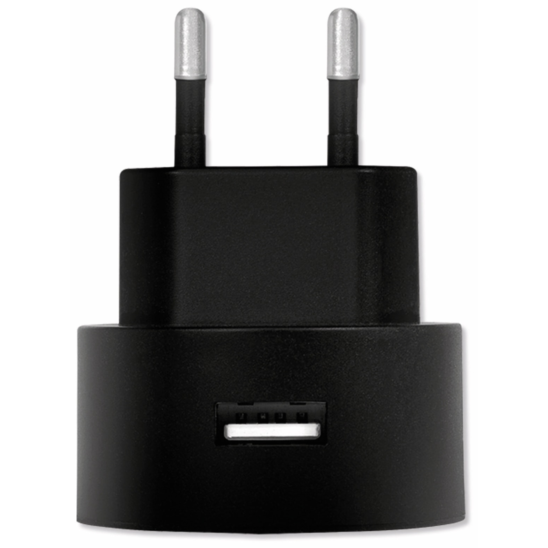 Ein schwarzes USB-Ladegerät mit zwei silbernen Stiften. Es hat einen USB-Anschluss.