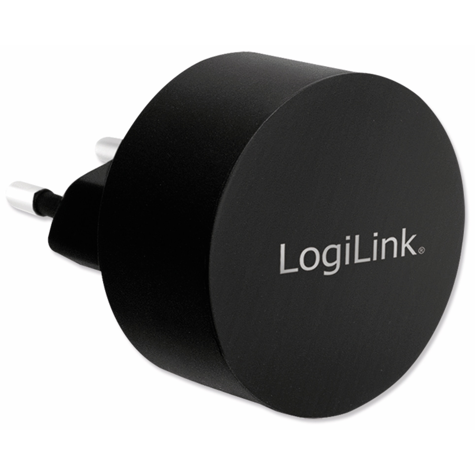 Ein schwarzer LogiLink-Steckeradapter. Er hat drei Stifte, einen zylindrischen Körper und das LogiLink-Logo.