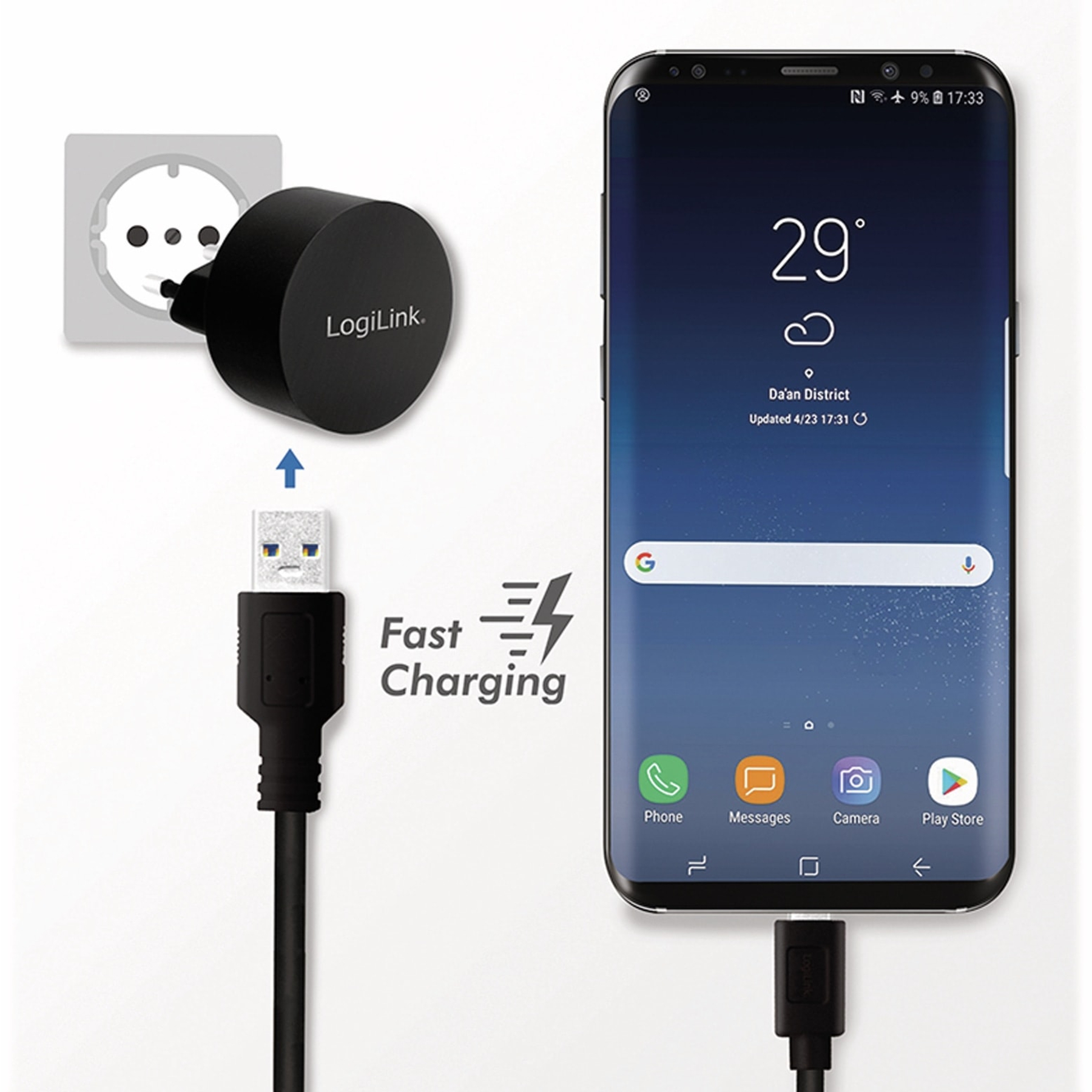 Ein schwarzes Ladegerät, das mit einem Telefon, einem Stecker und einer Steckdose verbunden ist. Das Telefon zeigt Wetterinformationen an.