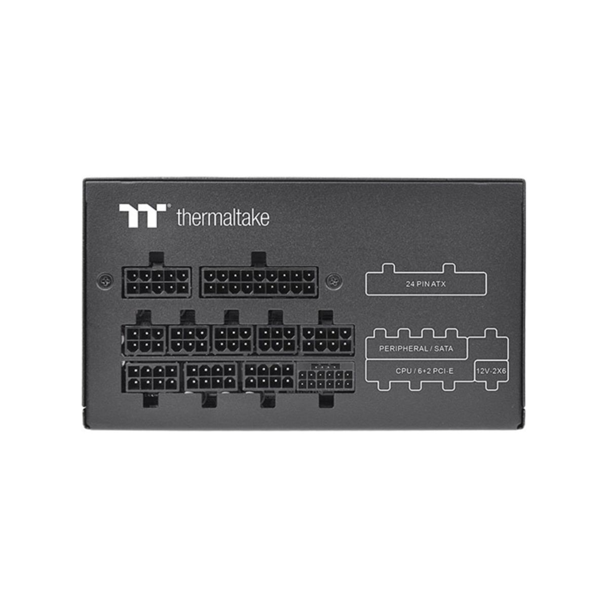 Czarny zasilacz Thermaltake z różnymi złączami: 24 PIN ATX, PERIPHERAL/SATA, CPU/6+2 PCI-E i 12V-2X6.