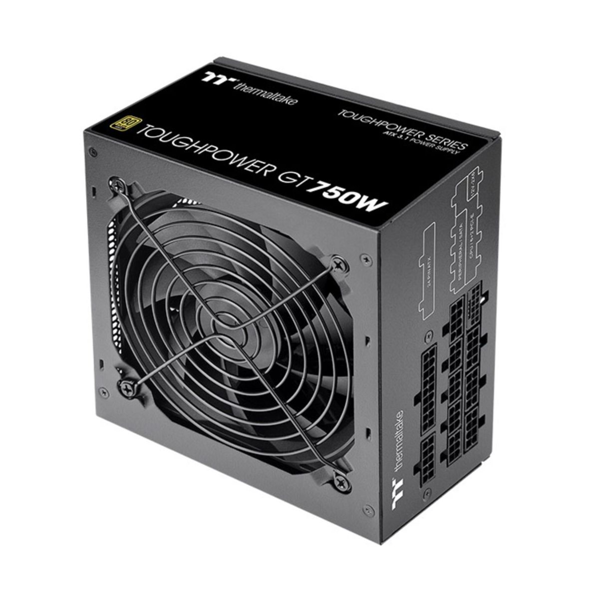 Czarny zasilacz Thermaltake Toughpower GT 750W. Posiada wentylator, różne złącza i logo firmy.