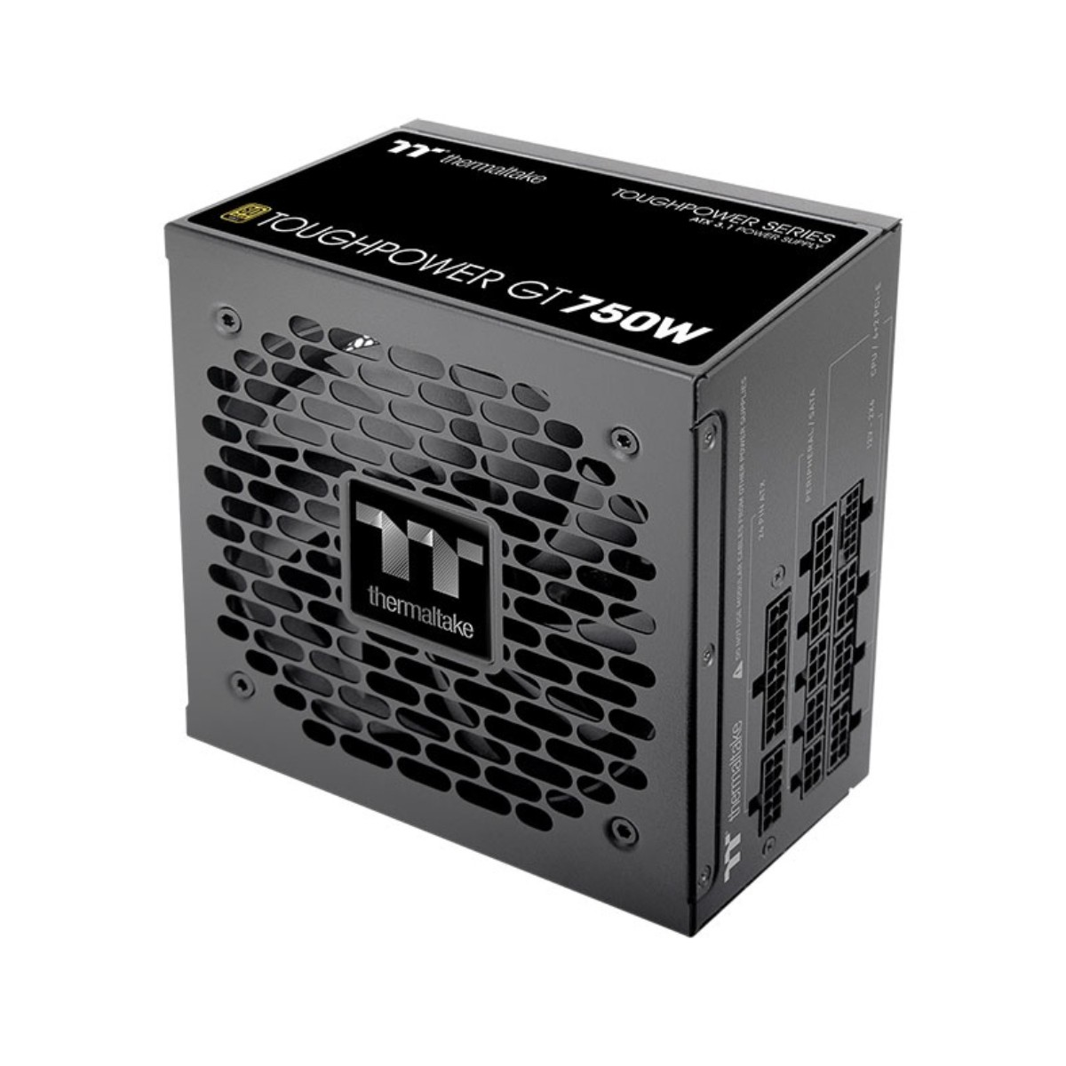 Czarny zasilacz Thermaltake Toughpower GT750W. Ma perforowany przód, złącza i logo Thermaltake.